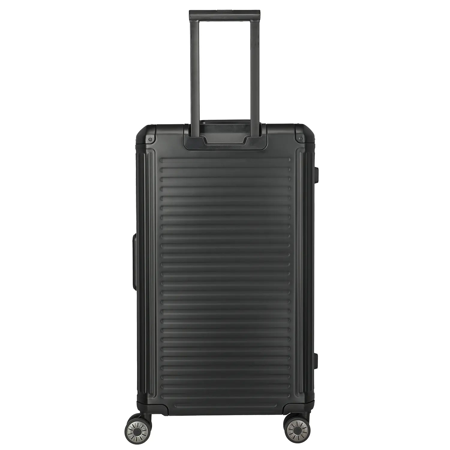 Rückansicht Travelite Next 4-Rollen Trunk Schwarz – robuster XXL-Koffer für Urlaubsreisen im Rimowa Stil