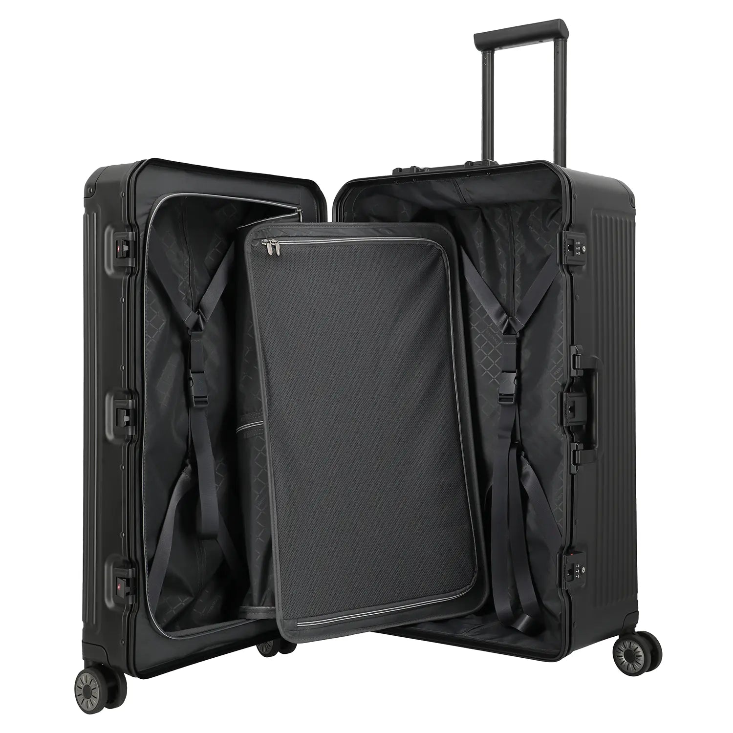 Innenansicht Travelite Next 4-Rollen Koffer 76 cm Schwarz – praktisches Packsystem mit Trennwänden im Rimowa Stil