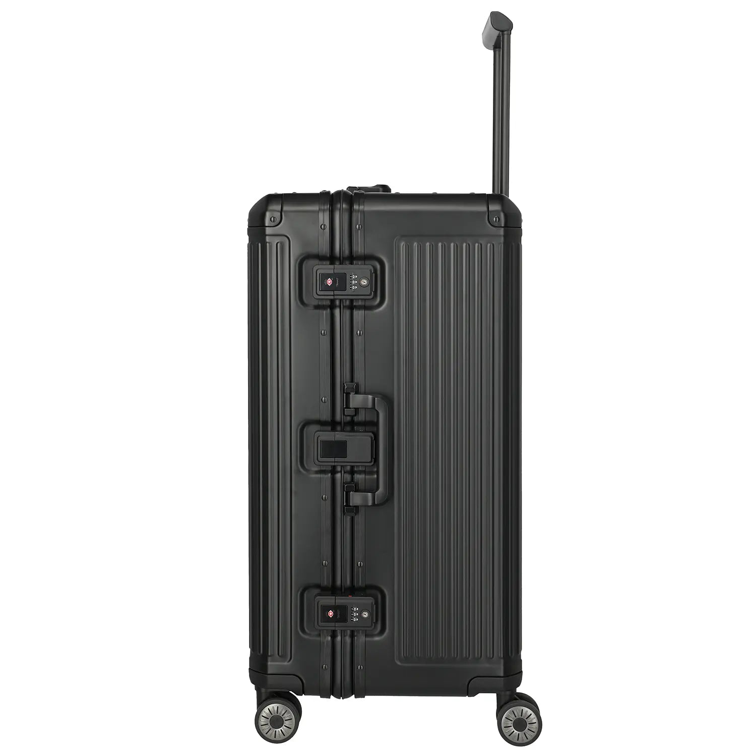 Seitenansicht Travelite Next 76 cm Trunk Trolley Schwarz – modernes Hartschalendesign im Rimowa-Rillen Design mit viel Stauraum