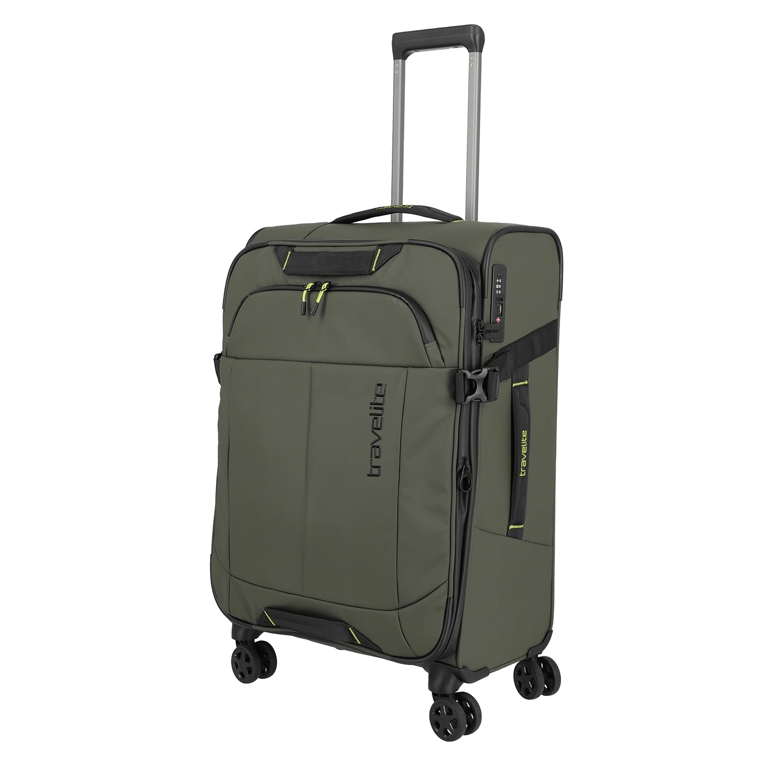 Travelite Briize 4-Rollen Trolley M 67 cm in Khaki - Frontansicht mit Teleskopgriff
