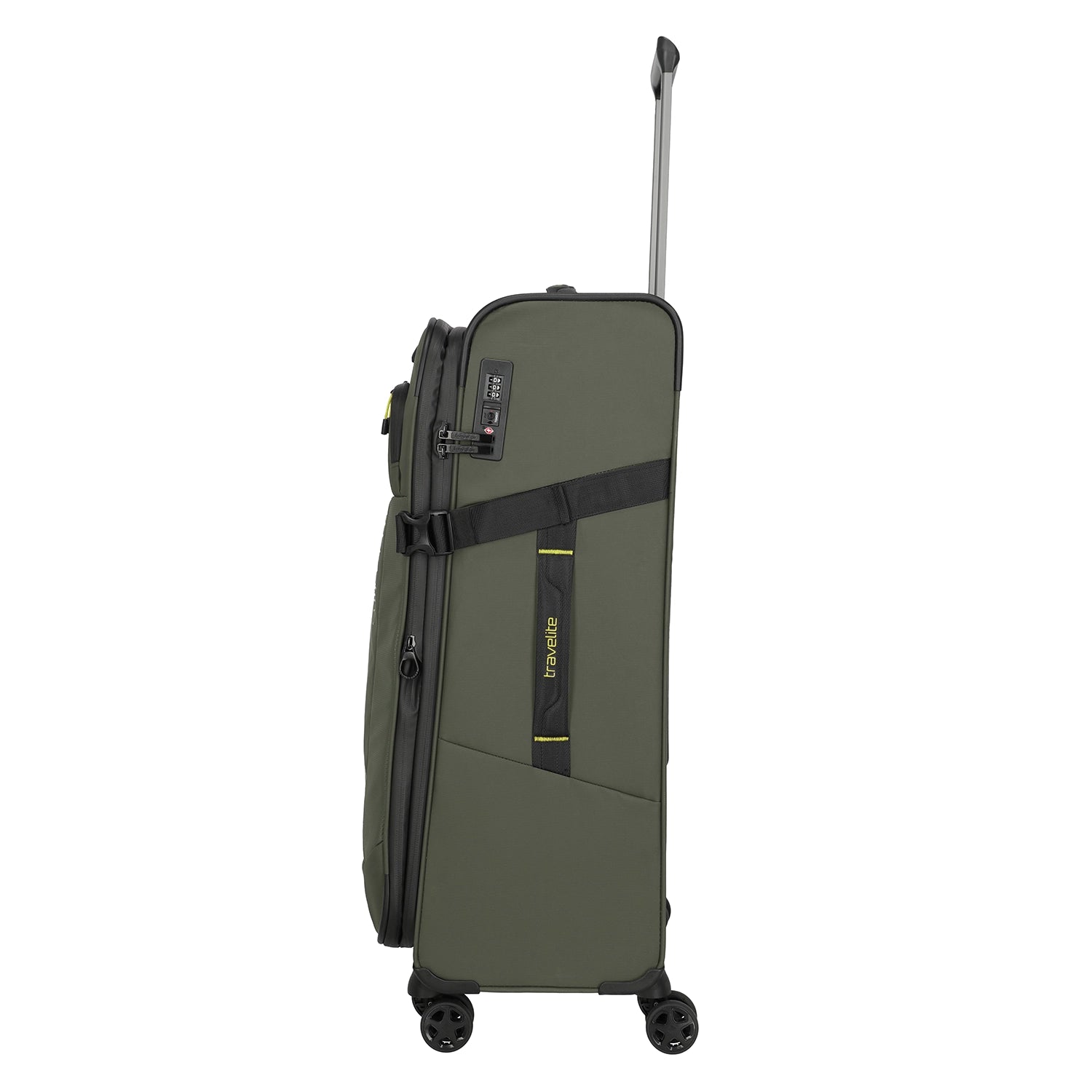 Travelite Briize 4 Rollen Trolley 78cm khaki Seitenansicht mit Seitengurt