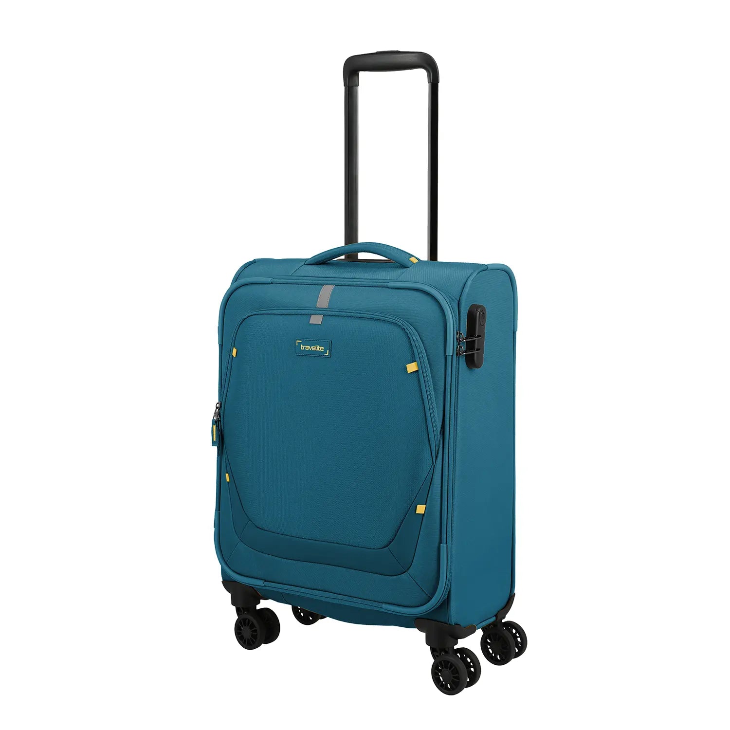 Travelite Umbria 4-Rollen Trolley 55 cm in Petrol - Frontansicht mit Teleskopgriff