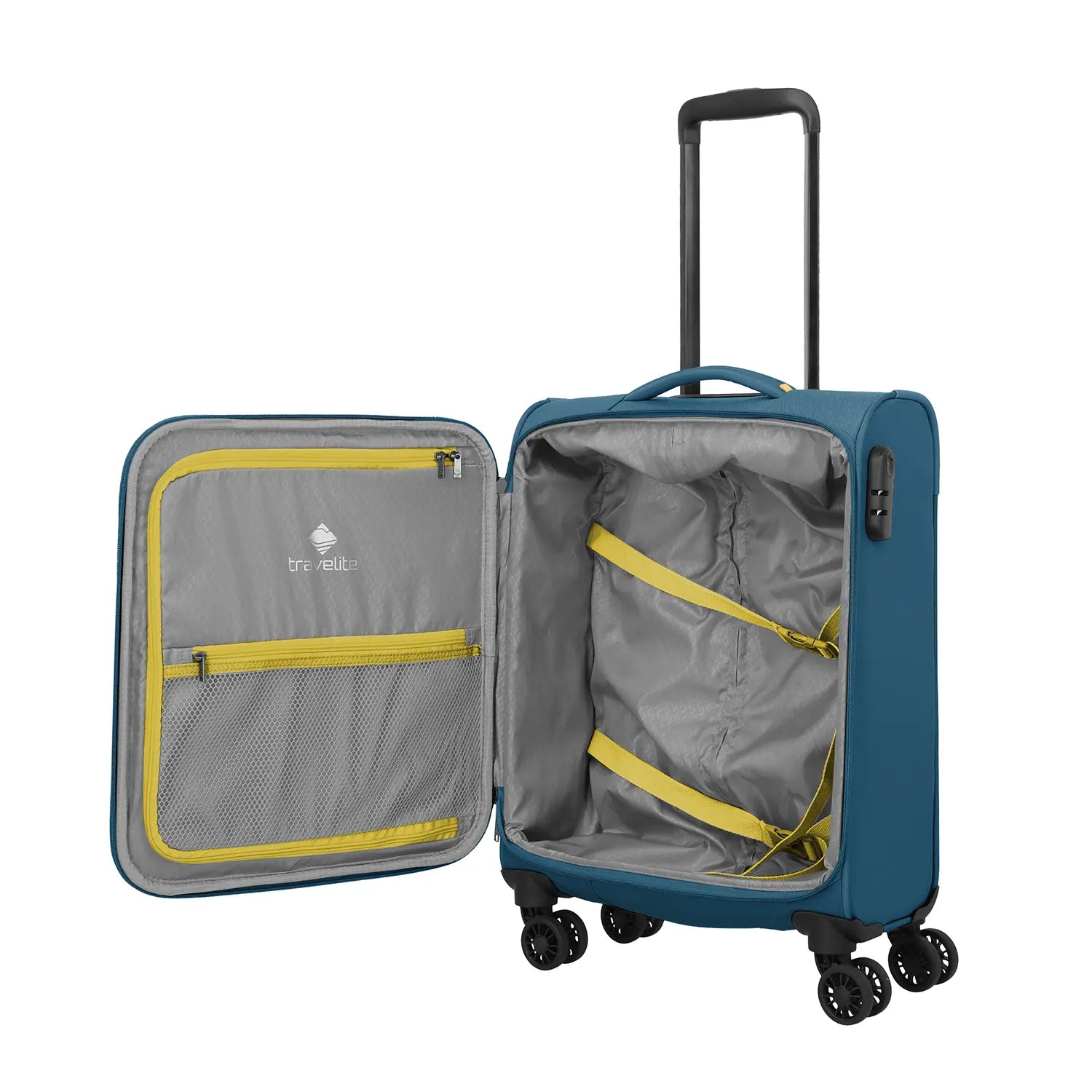 Travelite Umbria Koffer geöffnet - Innenaufteilung mit Packgurten und Netzfach