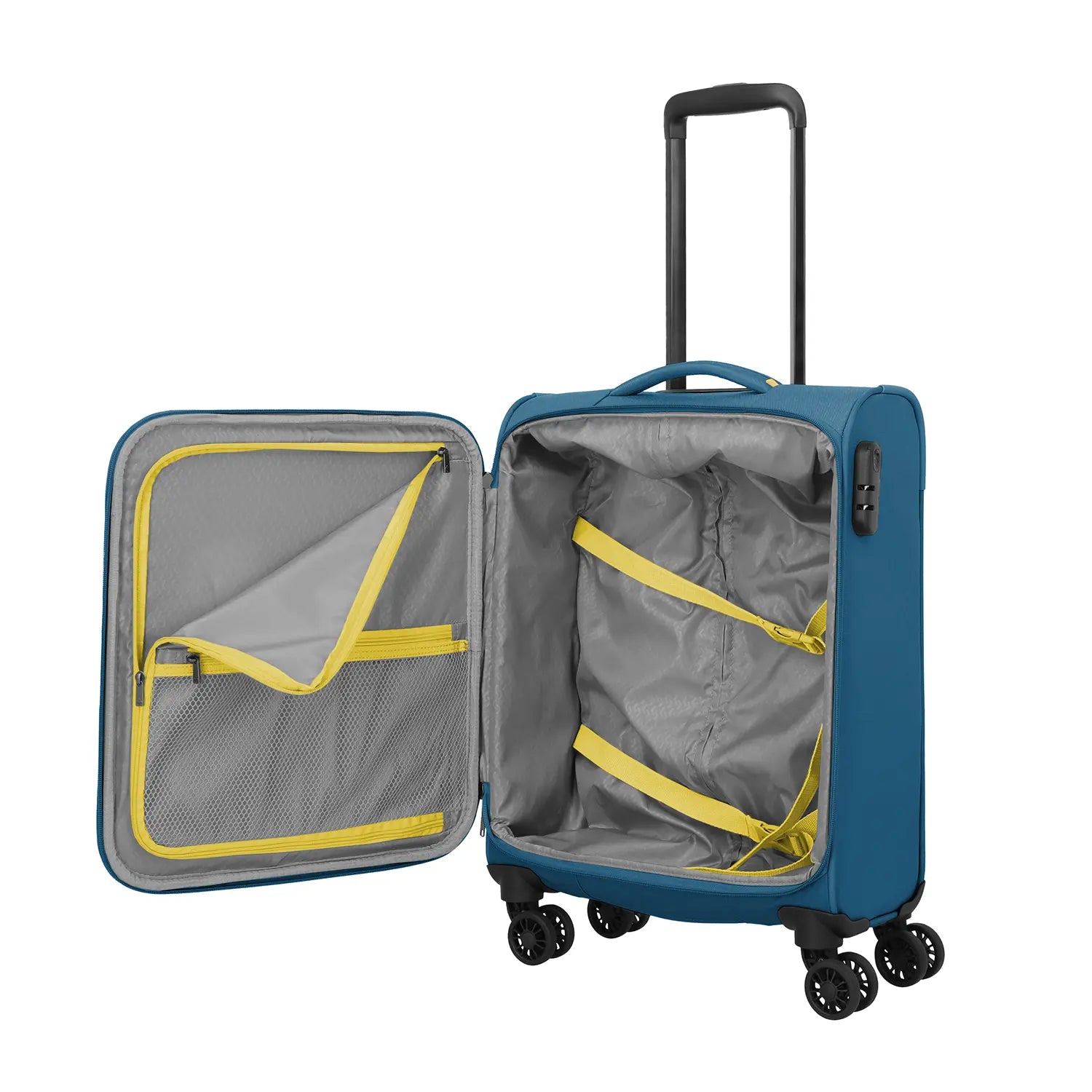 Travelite Umbria Koffer geöffnet - Innenaufteilung mit Packgurten und Fächern