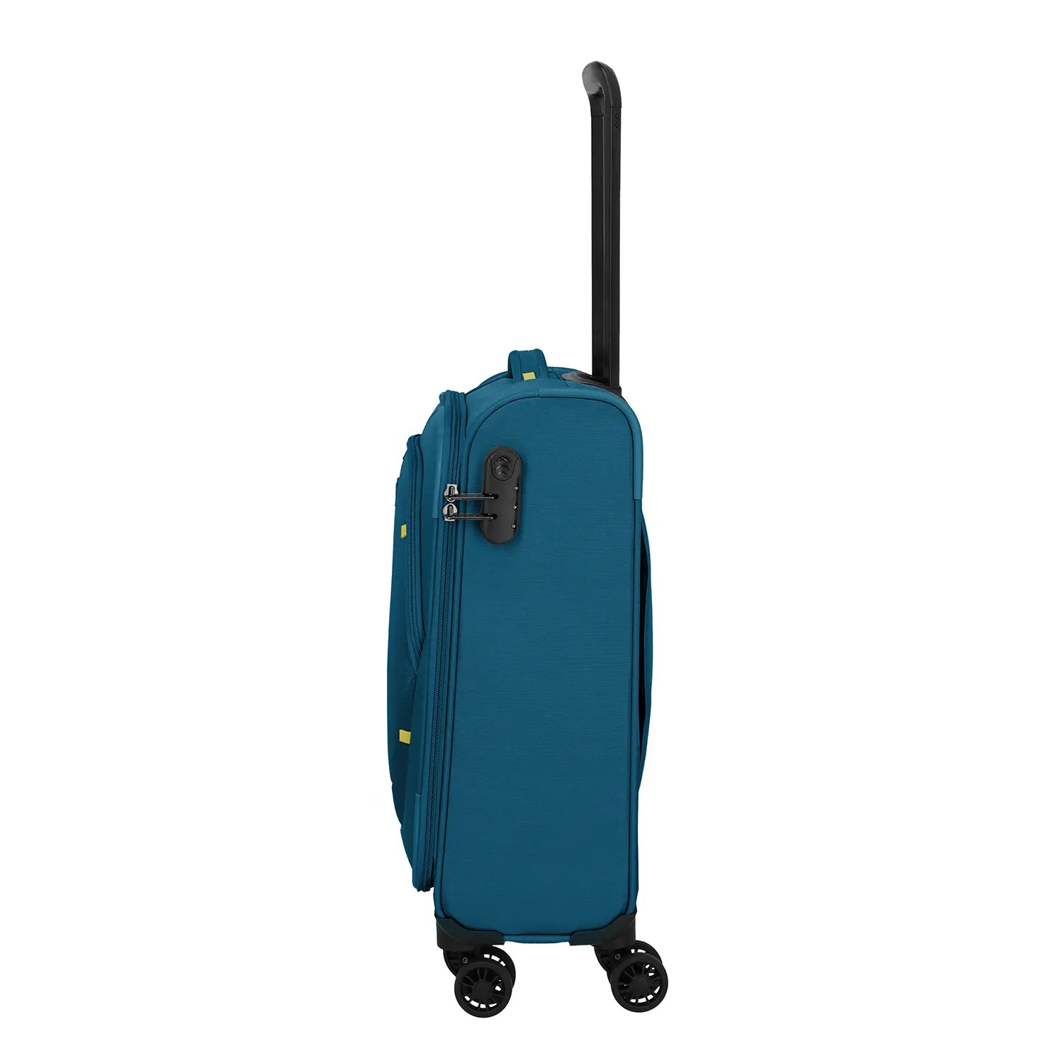 Travelite Umbria Handgepäck-Koffer Petrol - Seitenansicht mit 4 Rollen und TSA-Zahlenschloss