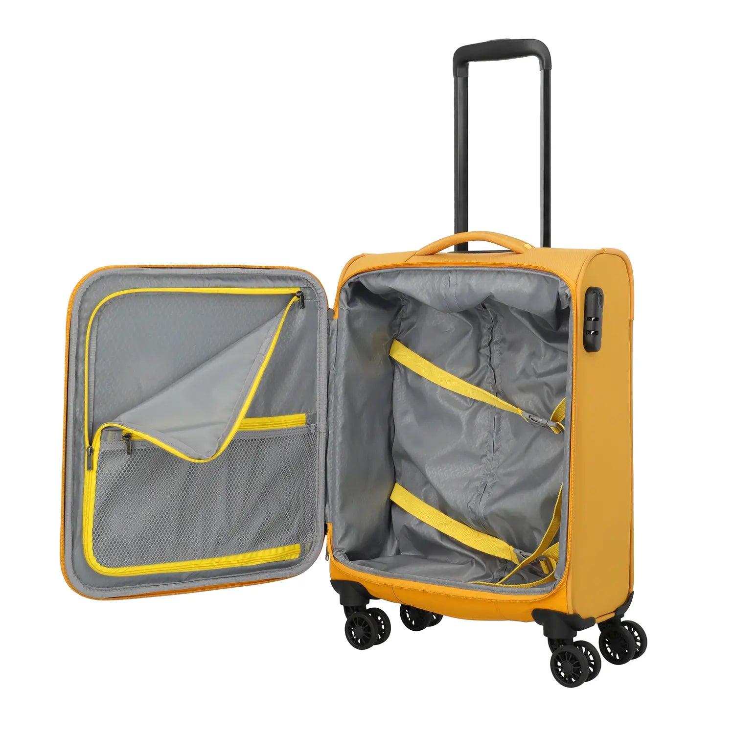 Travelite Umbria Bordtrolley S in Golden Glow - Innenaufteilung mit Packgurten und Hemdenfach