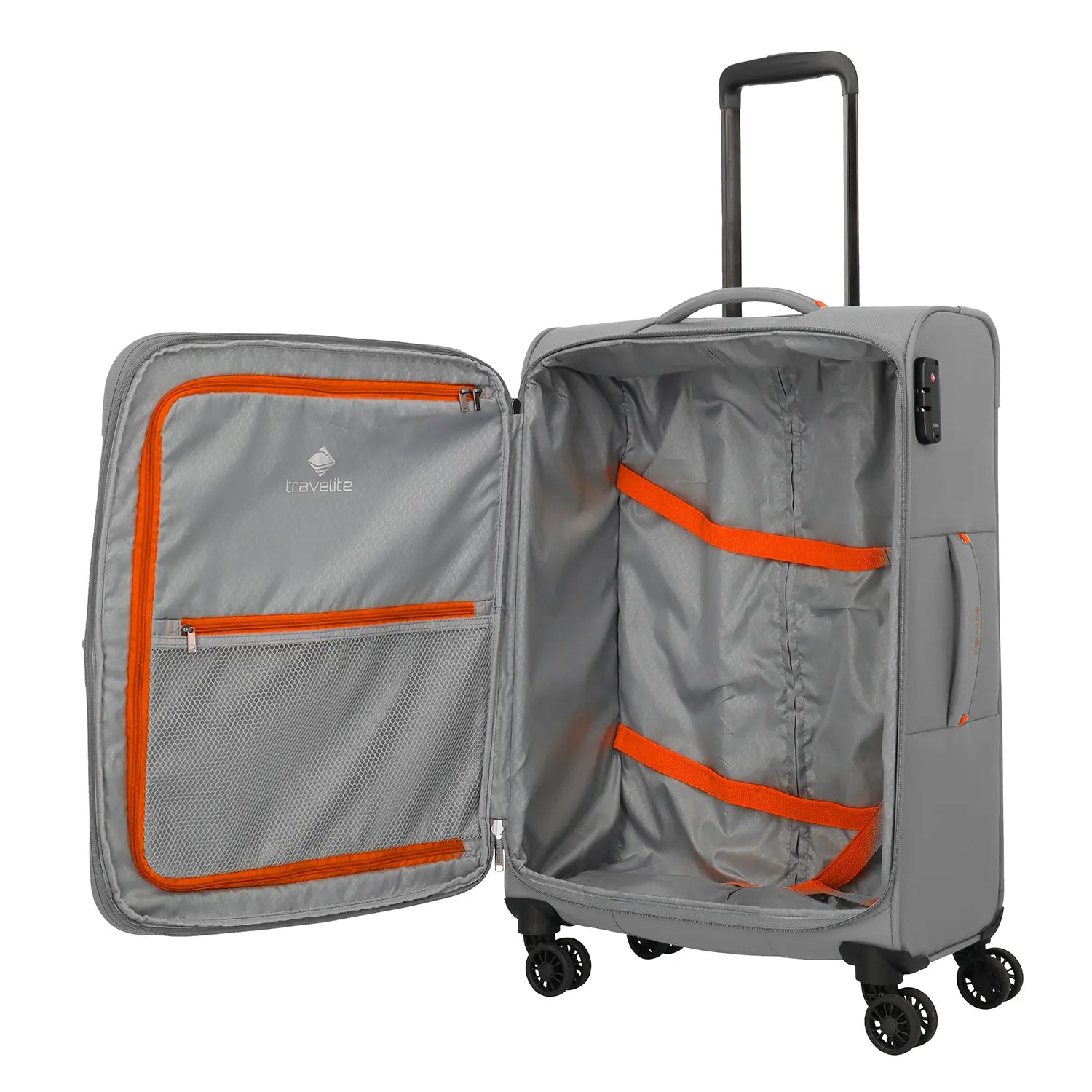 Travelite Umbria 4-Rollen Trolley M in Smoky Grey - Innenaufteilung mit Packgurten und Netzfach