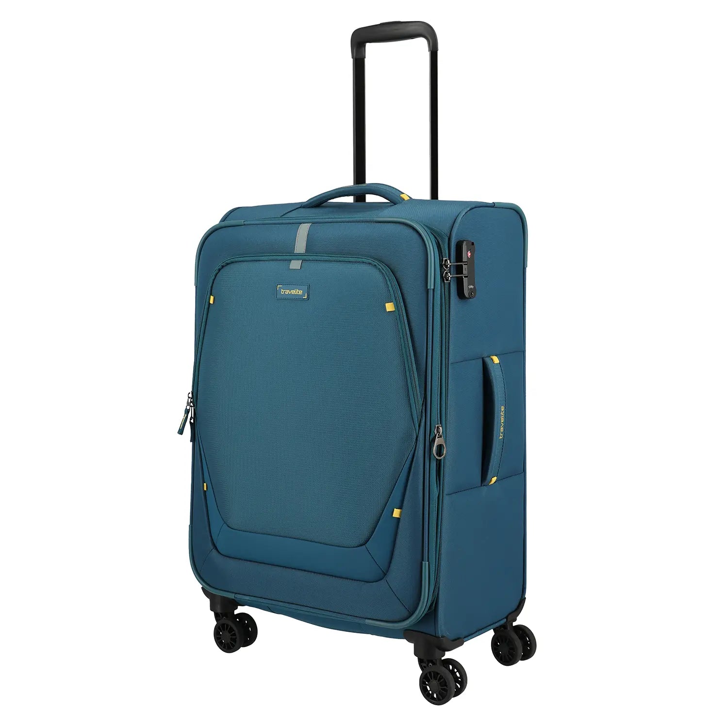 Travelite Umbria 4-Rollen Trolley M 67 cm in Petrol - Frontansicht mit Teleskopgriff