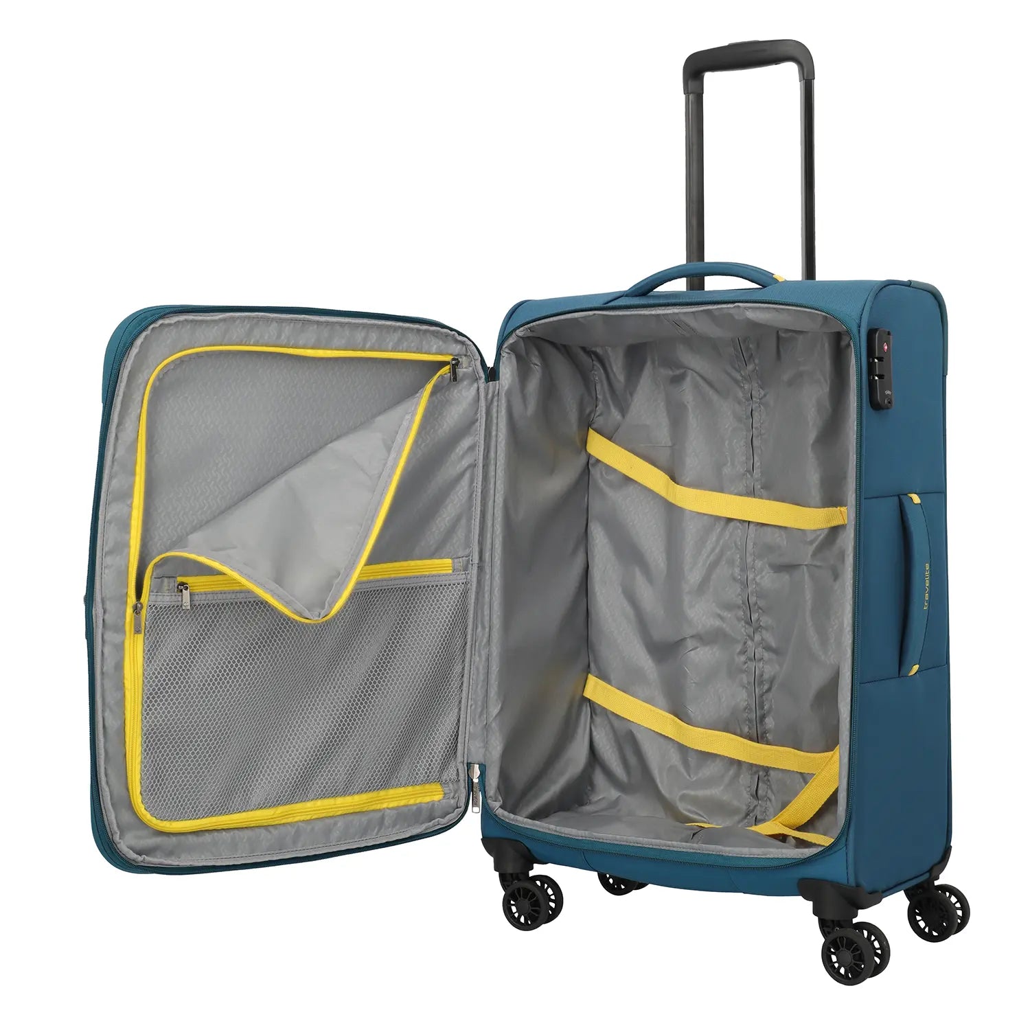 Travelite Umbria M Koffer geöffnet - Innenaufteilung mit Packgurten und Netzfach im Deckel