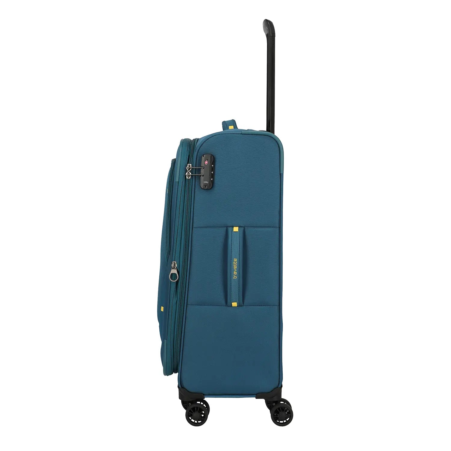 Travelite Umbria Trolley in Petrol-Blau - Seitenansicht mit TSA-Zalenschloss