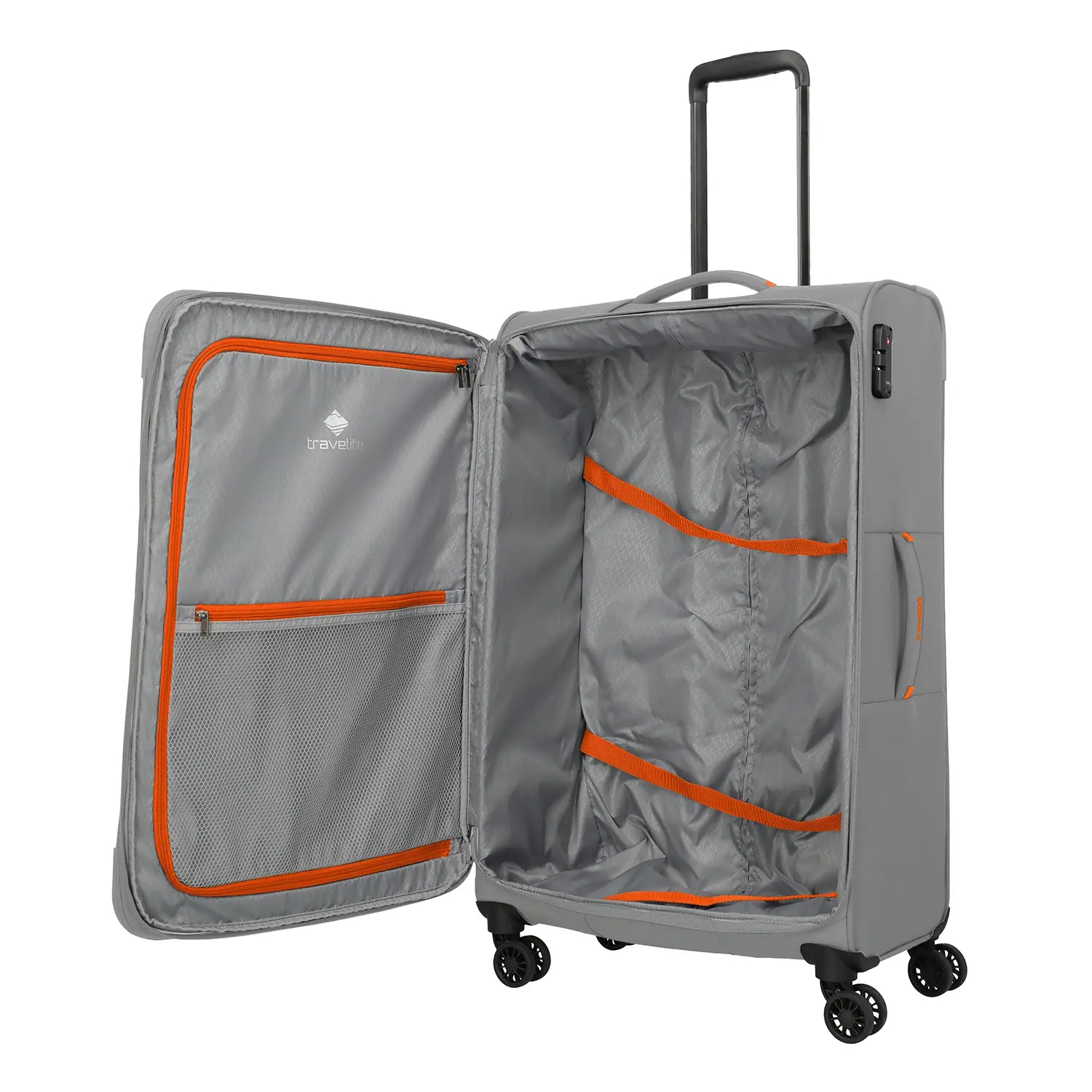 Travelite Umbria 4-Rollen Trolley L in Smoky Grey - Innenaufteilung mit Packgurten und Netzfach