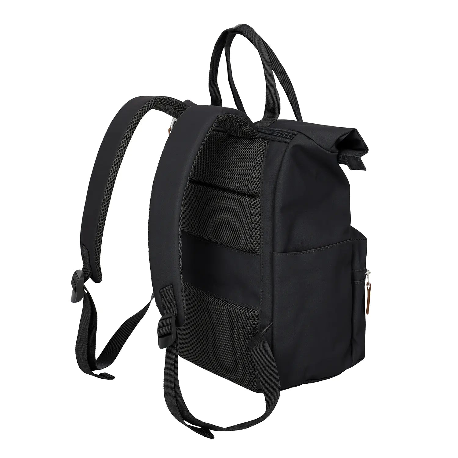 Seitenansicht Travelite Basics Short Handle Rollup Rucksack Schwarz – modernes Design mit kurzen Tragegriffen