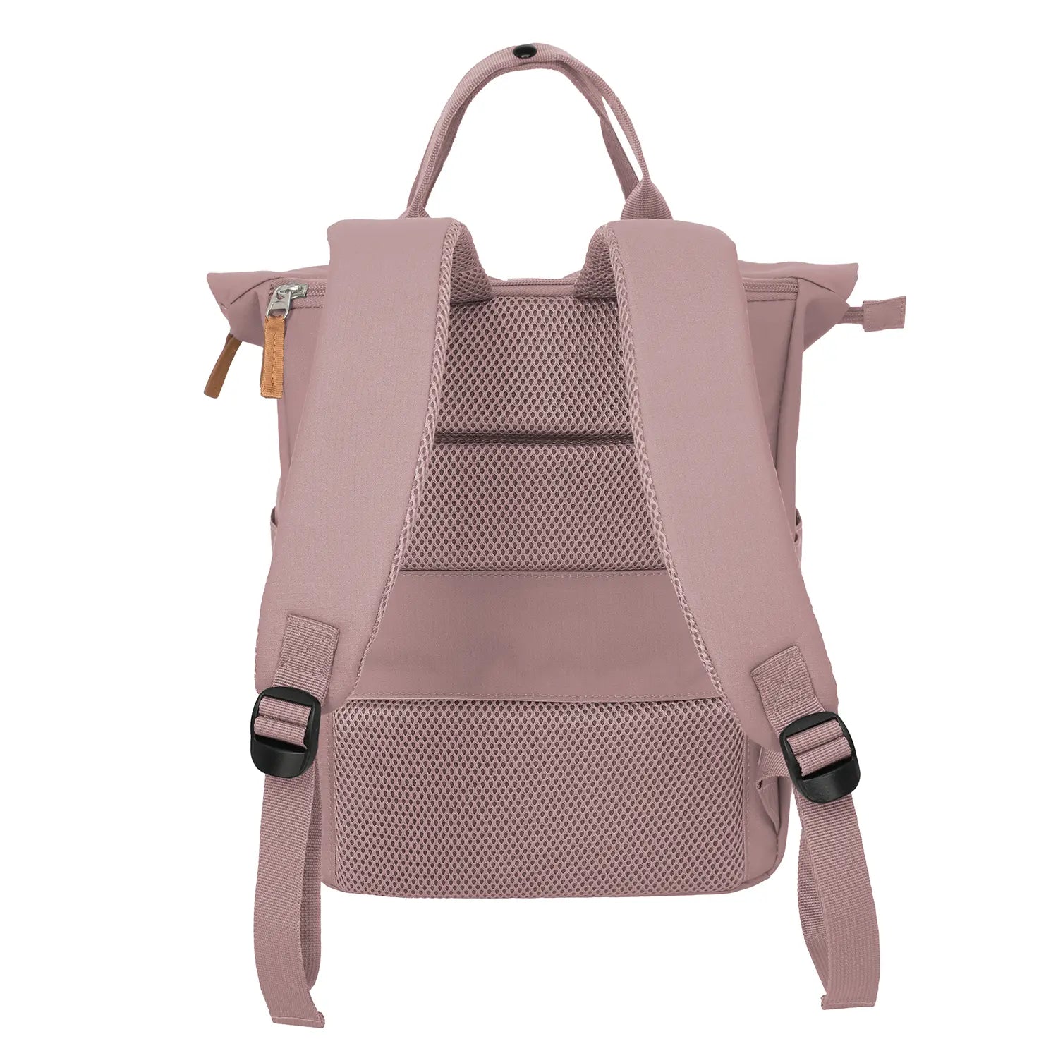 Rückansicht Travelite Basics Short Handle Rollup Backpack Smoky Rose – komfortable Schultergurte in Rosa