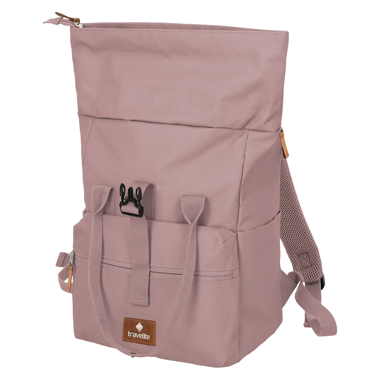 Lifestyle-Aufnahme Travelite Basics Short Handle Rollup Backpack Smoky Rose – urbaner Look in zartem Rosa