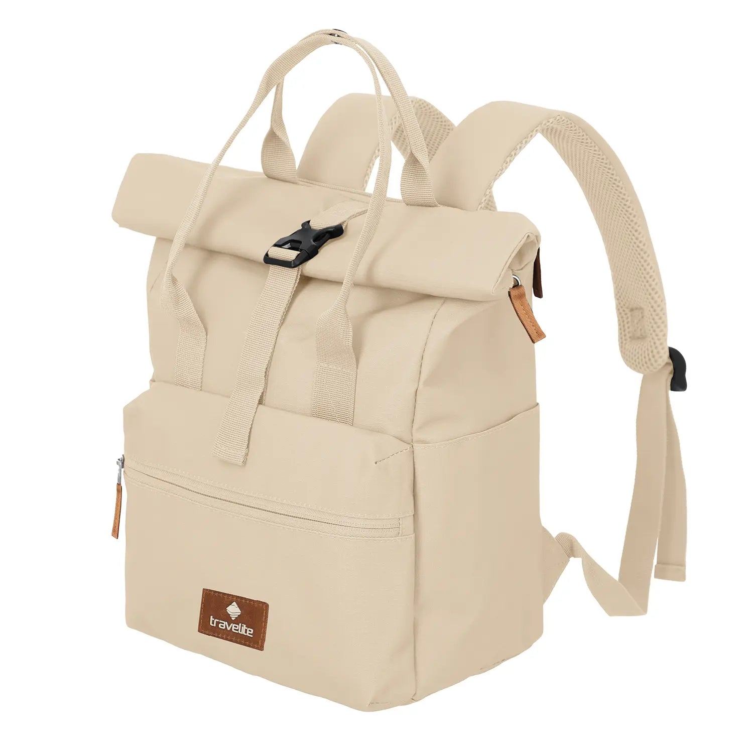 Frontansicht Travelite Basics Short Handle Rollup Backpack Off-White – moderner Tagesrucksack in hellem Design