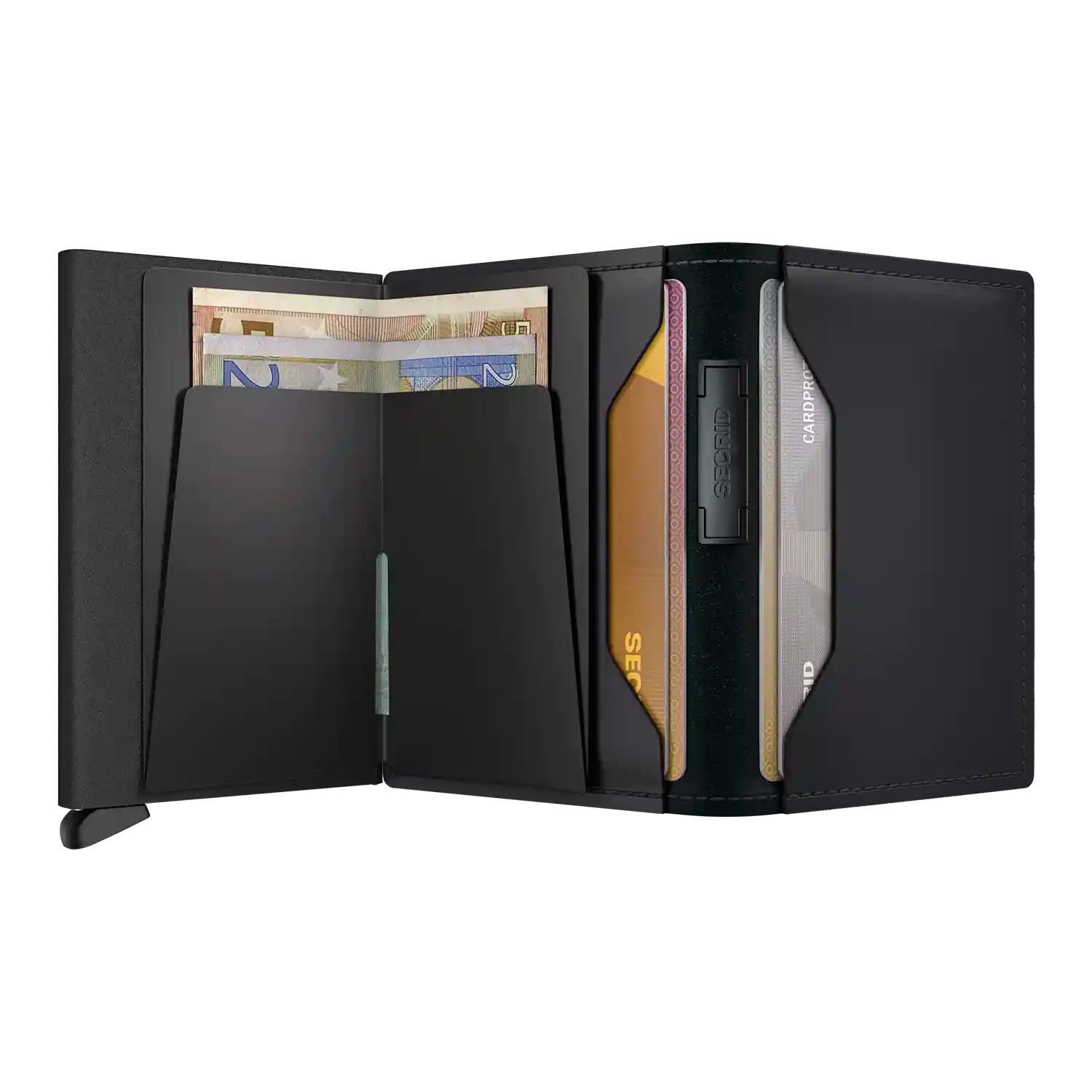 Secrid Bandwallet Matte Black-Black geöffnet - Kompakte Geldbörse mit Banknoten