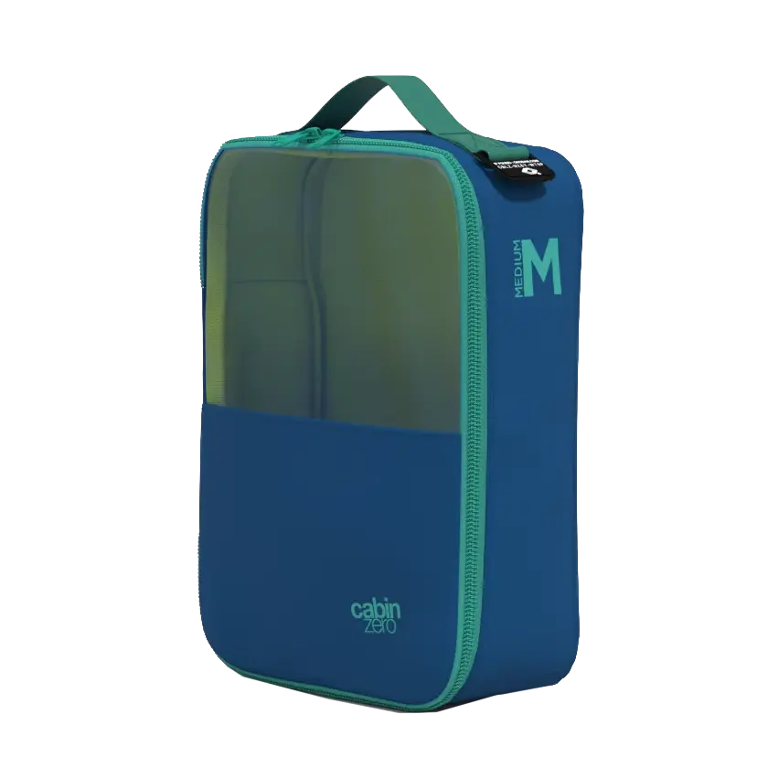 CabinZero Lux Packing Cube Medium 25 cm - Capri Blue Seitenansicht mit Größenangabe