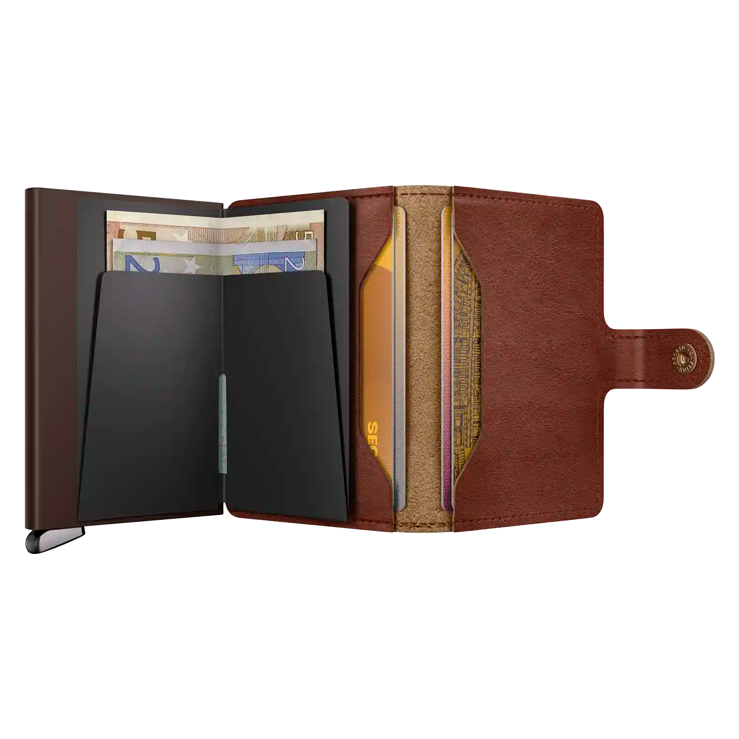 Secrid Miniwallet Basco Whiskey+ geöffnet - Kartenfächer und Geldscheinhalter sichtbar