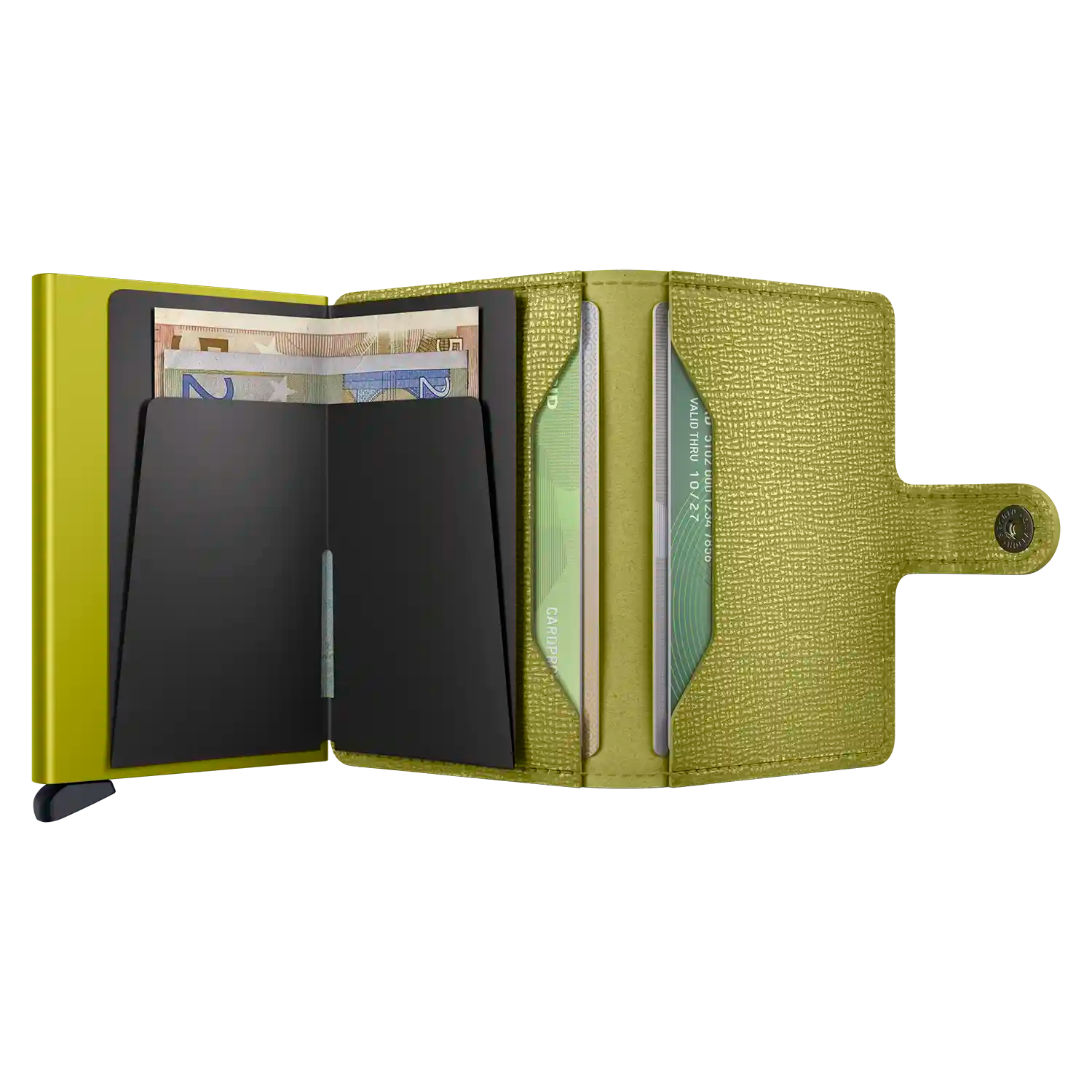 Secrid Miniwallet Crisple Lime - Aufgeklappte Ansicht mit Kartenfächern