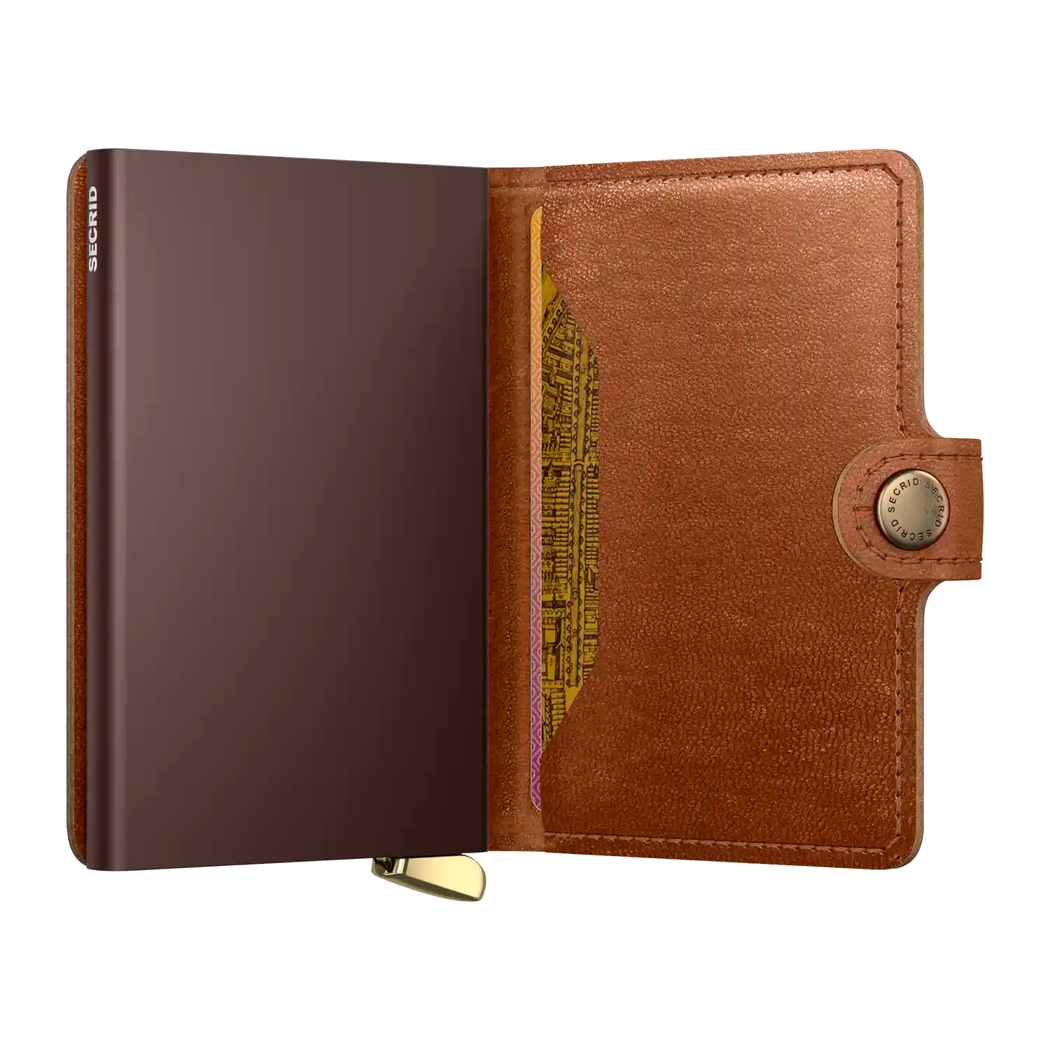 Innenansicht Secrid Premium Kollektion Miniwallet Emboss Lines Cognac 10 cm mit Cardprotector