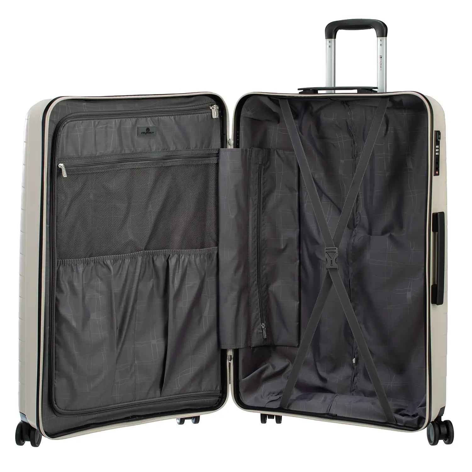 PP15 4-Rollen Trolley L Light Beige - Geöffneter Koffer zeigt geräumiges Innenfach mit Packgurten