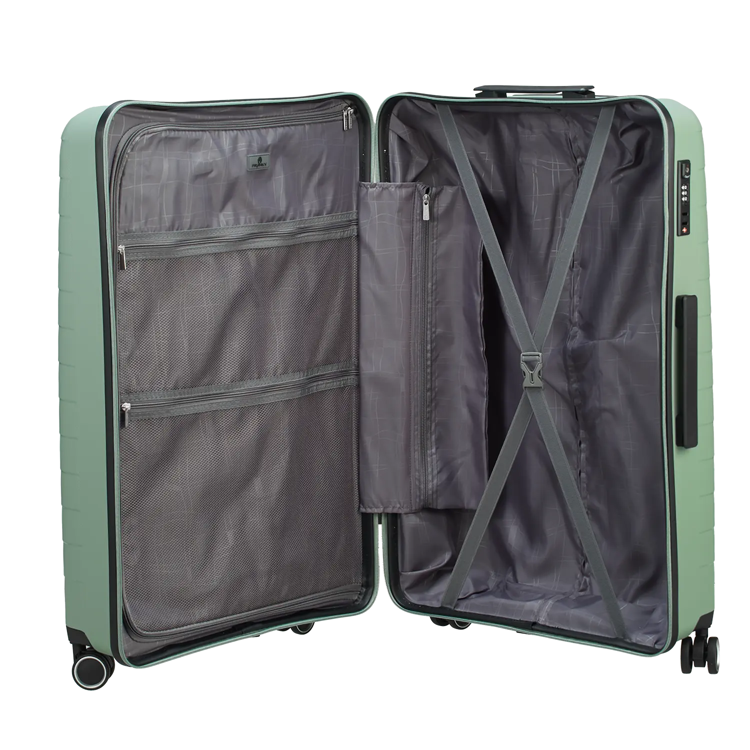 Grüner Trolley L 78cm Franky PP15 - Light Green Innenansicht mit Packgurten und vielen Fächern