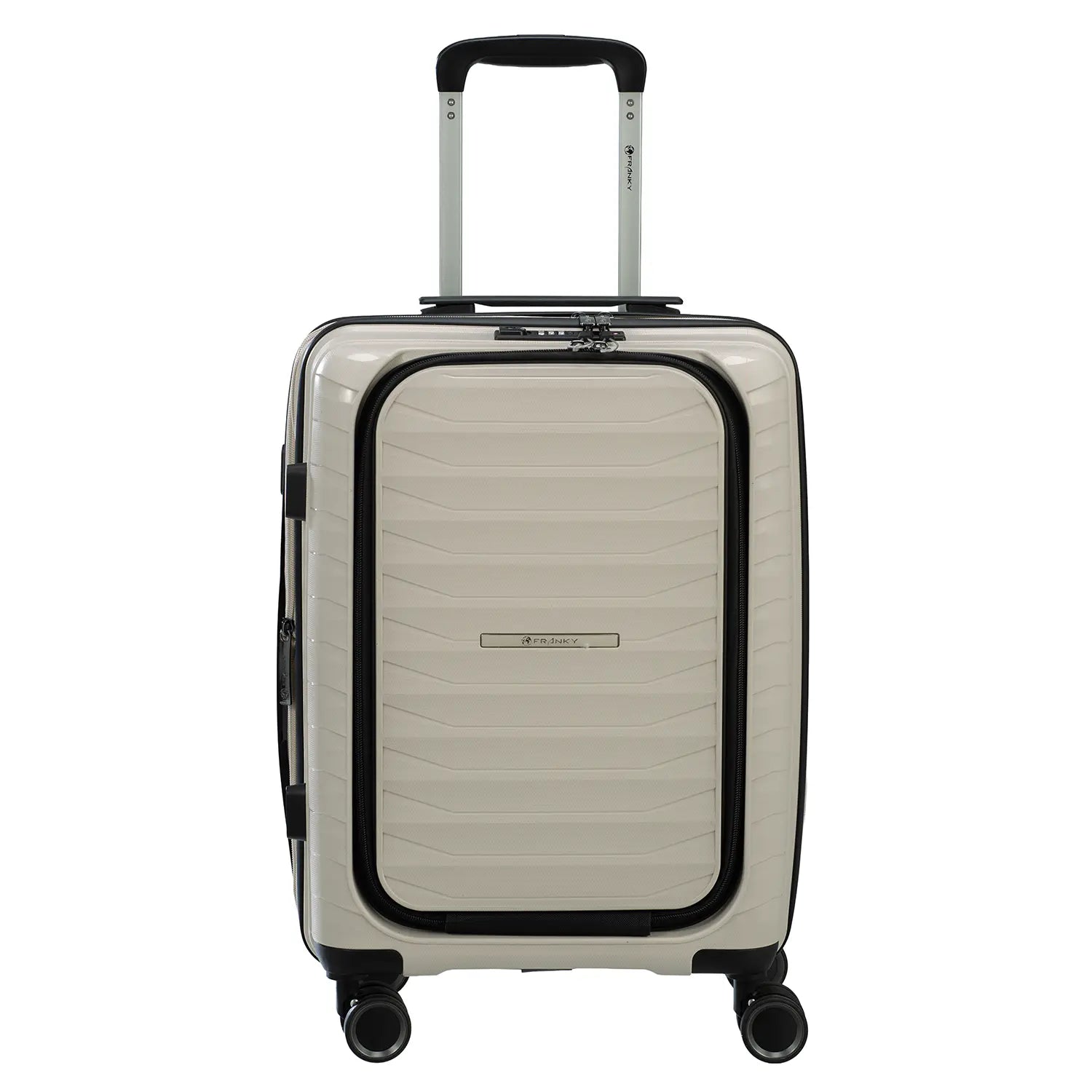 PP15 Trolley S Light Beige - Frontansicht mit ausziehbarem Teleskopgriff und 4 Doppelrollen