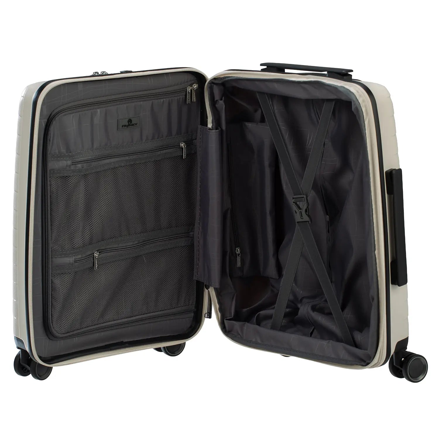 PP15 Trolley S Light Beige - Geöffneter Koffer zeigt Innenfächer mit Packgurten und Organisation