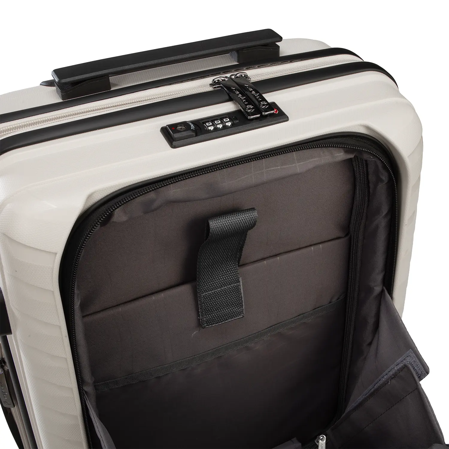 PP15 Trolley S Light Beige - Detailansicht mit Frontfach und praktischen Innentaschen