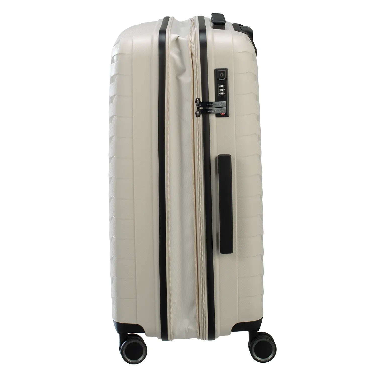 PP15 4-Rollen Trolley Light Beige - Seitenansicht mit ausziehbarem Griff und TSA-Schloss