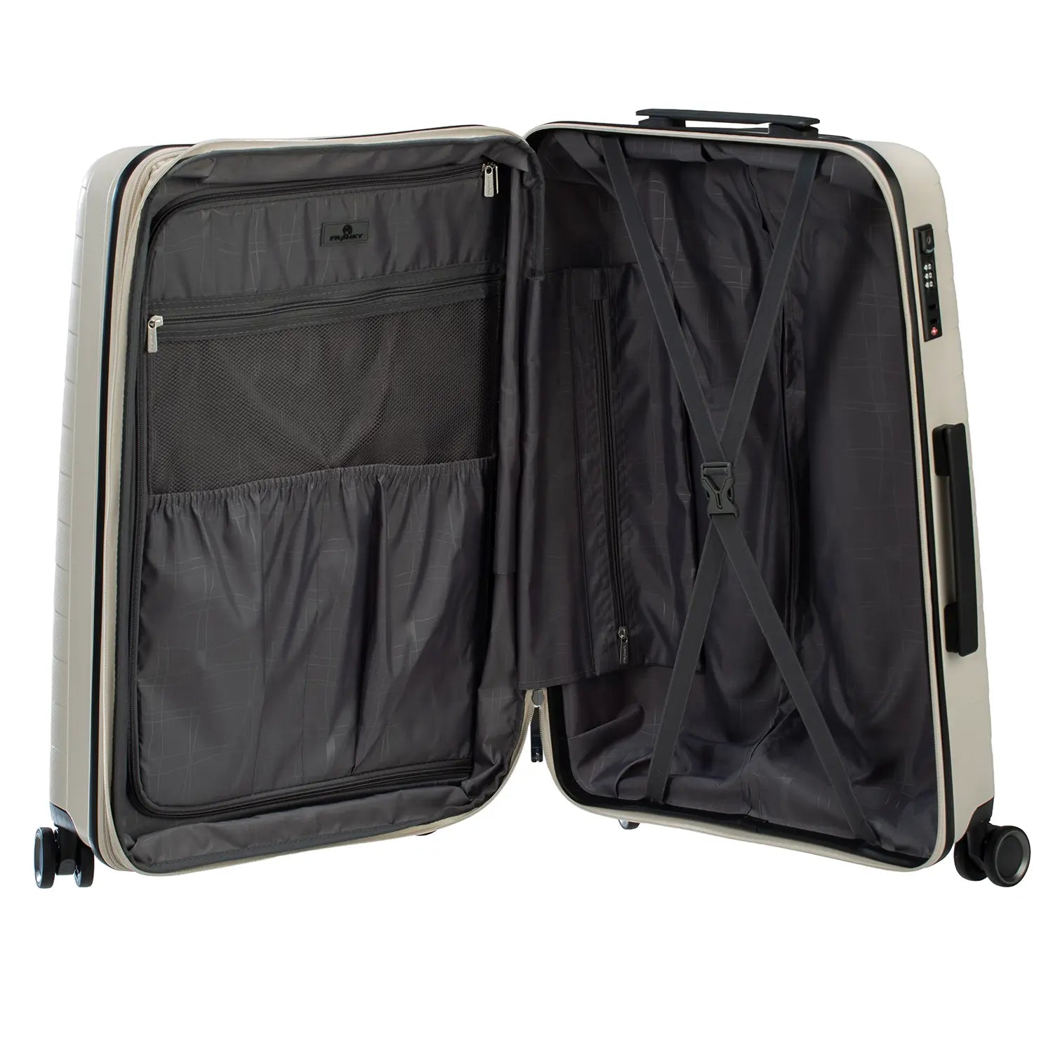 PP15 4-Rollen Trolley M 68 cm - Geöffneter Trolley zeigt Innenfächer mit Packgurten und Organisation