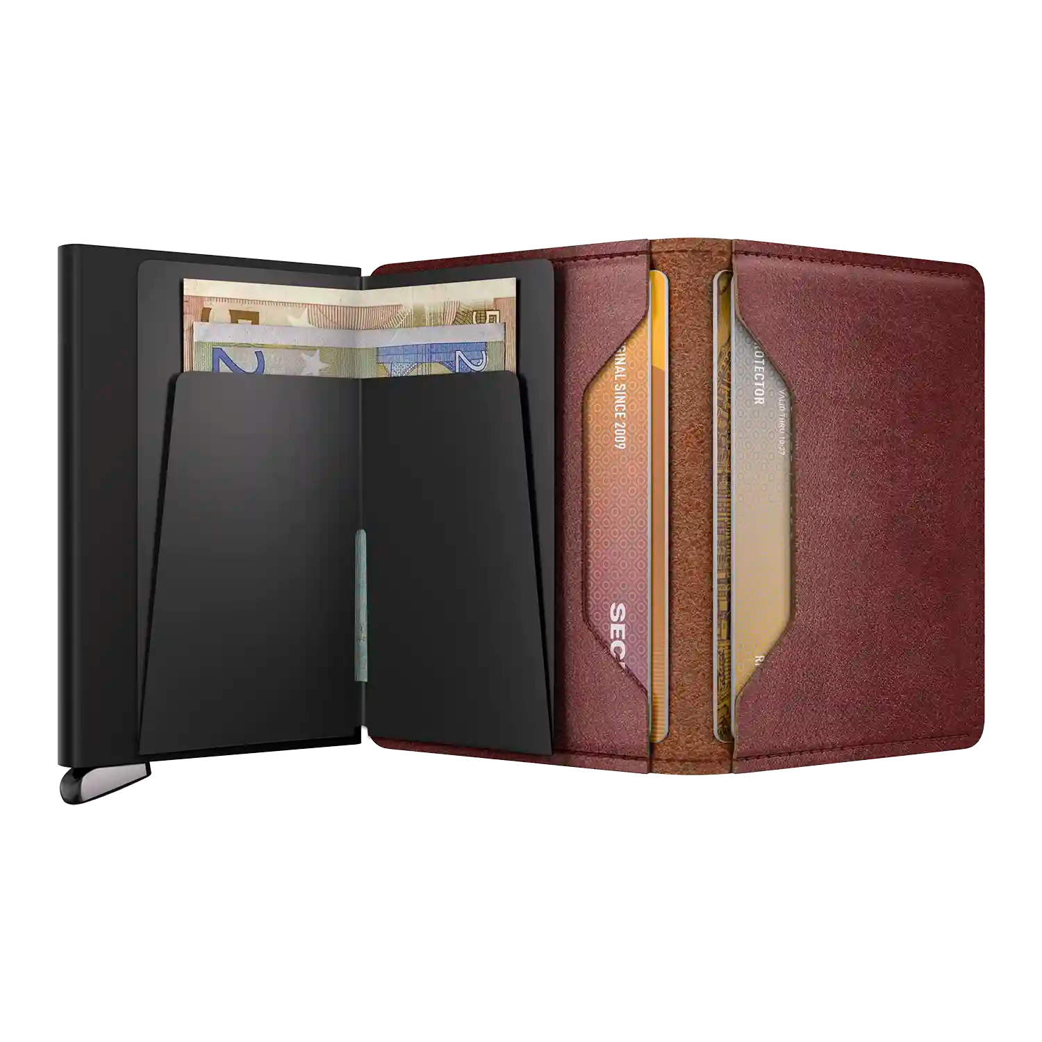 Secrid Slimwallet Basco Brown+ geöffnet - Kartenfächer und kompakte Bauweise sichtbar
