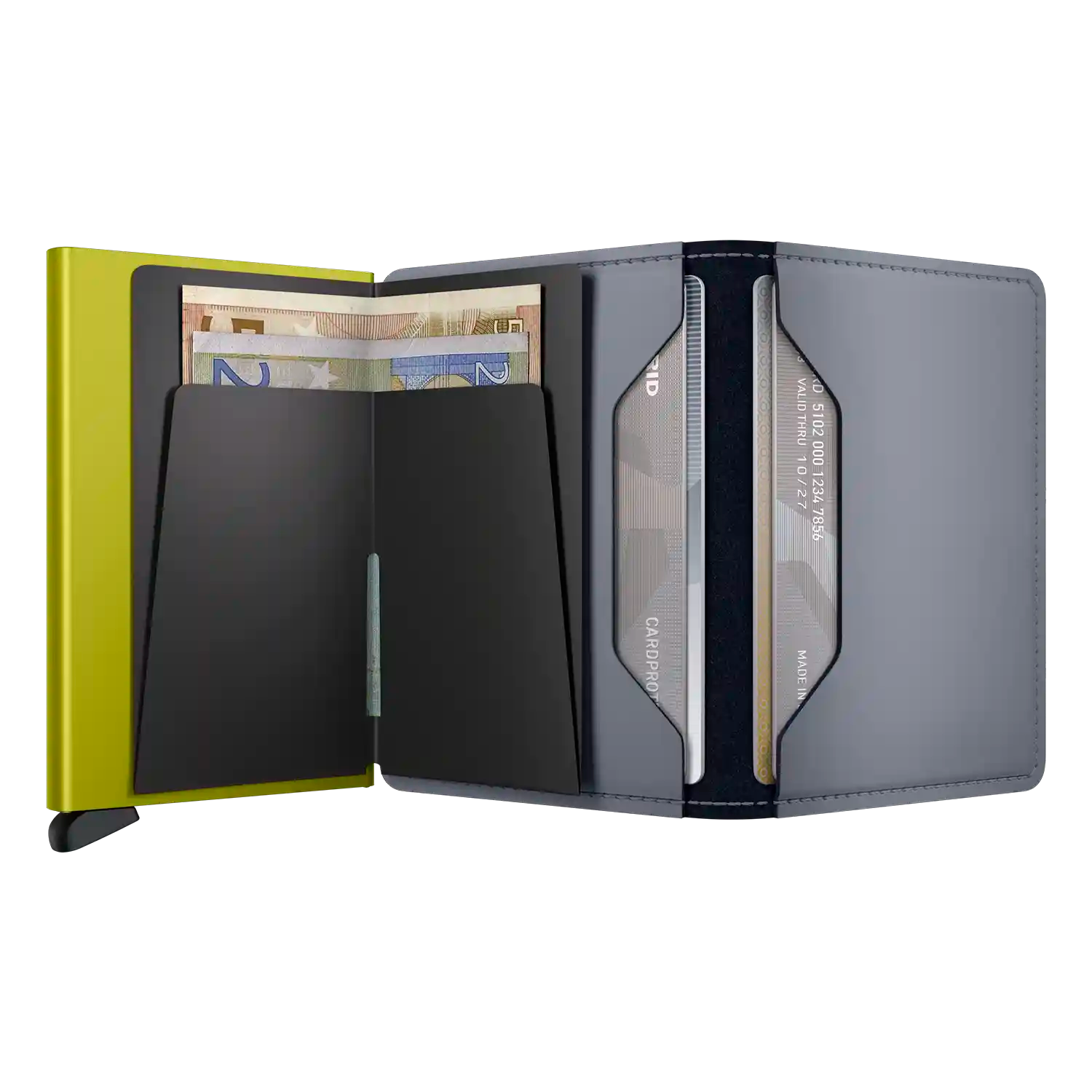 Secrid Slimwallet Matte Grey-Lime - Aufgeklappte Ansicht mit Kartenfächern ohne Münzfach
