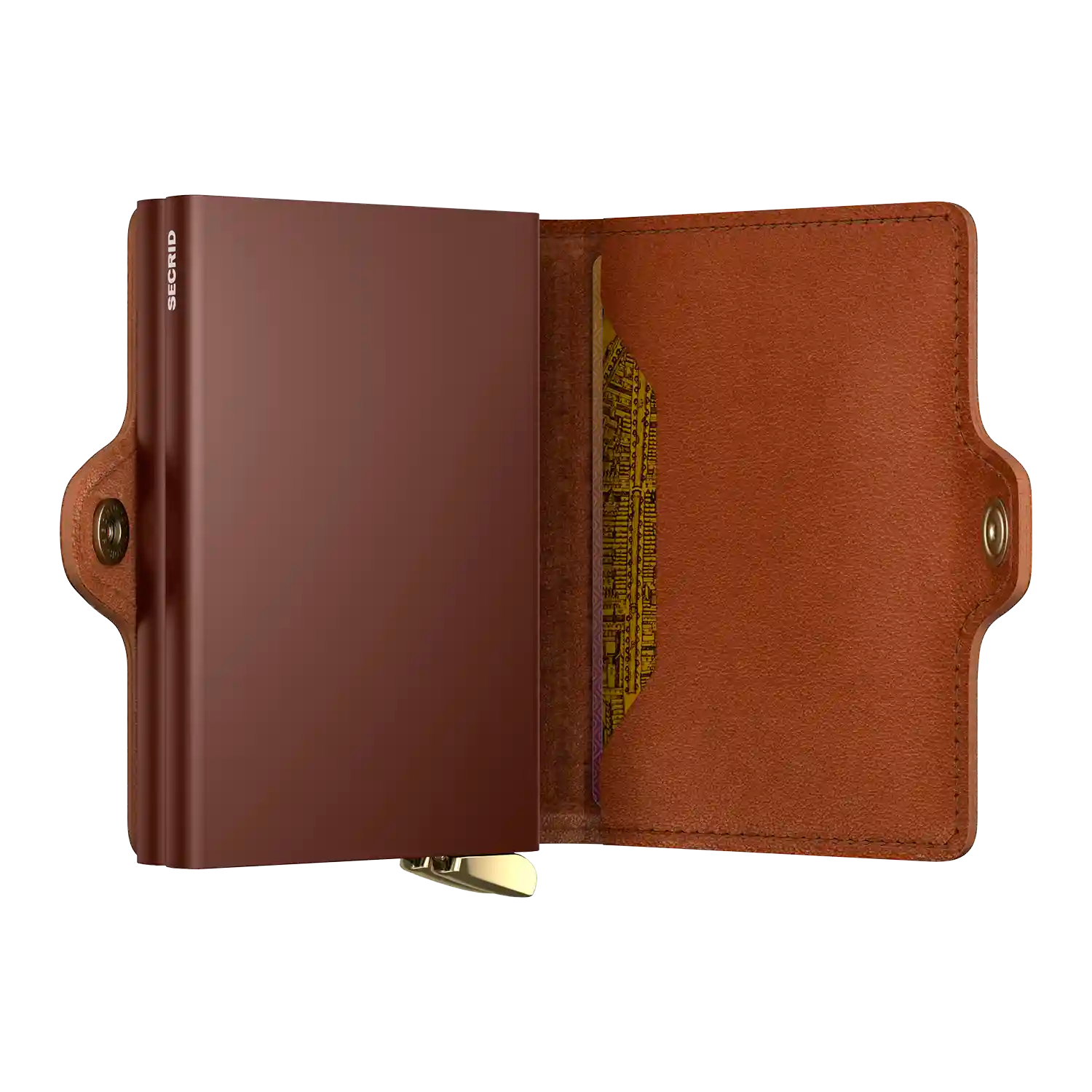 Innenansicht Secrid Premium Kollektion Twinwallet Emboss Lines Cognac 10 cm mit zwei Cardprotectors