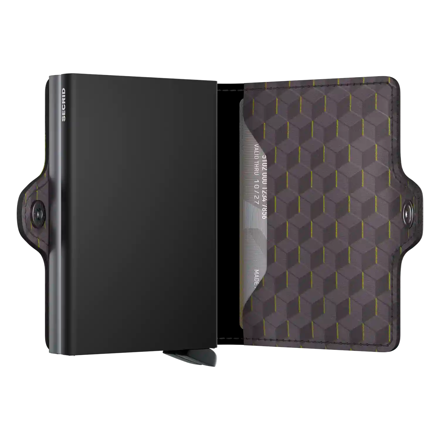 Secrid Wallets Twinwallet Optical 10 cm in Grey-Yellow - Aufgeklappte Ansicht mit Kartenfächern ohne Münzfach