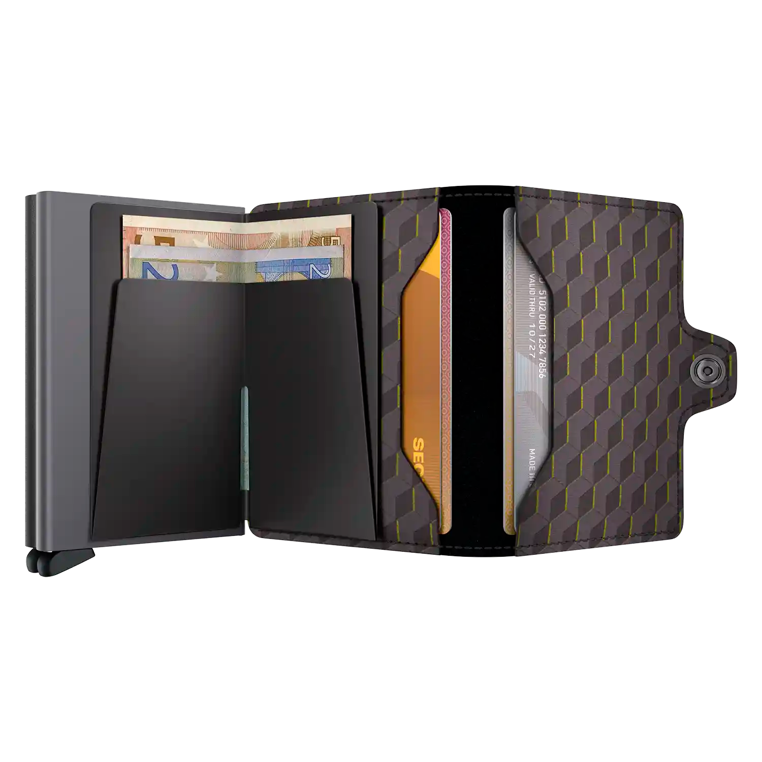 Secrid Wallets Twinwallet Optical 10 cm in Grey-Yellow - Aufgeklappte Ansicht mit Kartenfächern ohne Münzfach