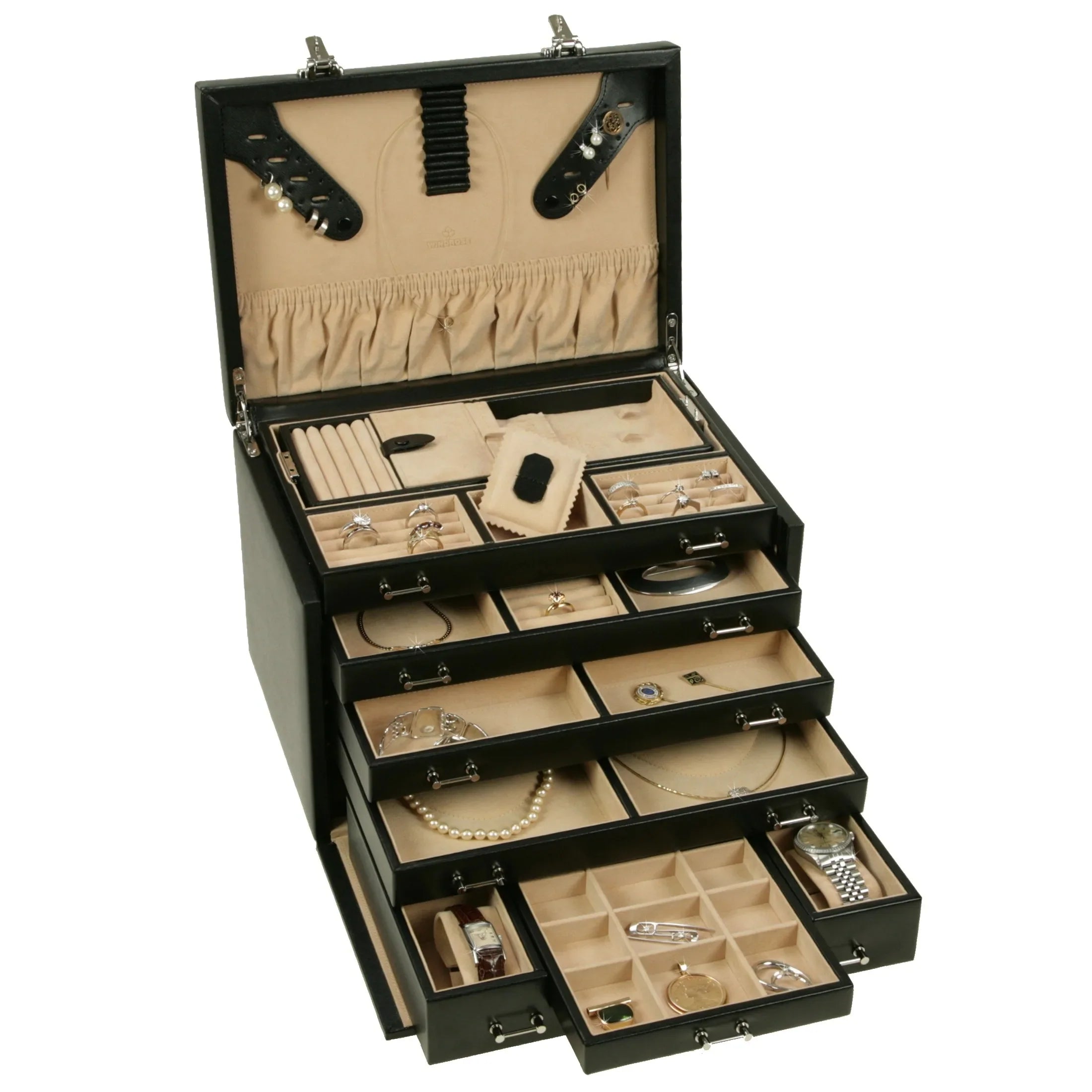 Windrose Ambiance Jewelry Case / Watch Case 5 Levels Made of Leather - Black
