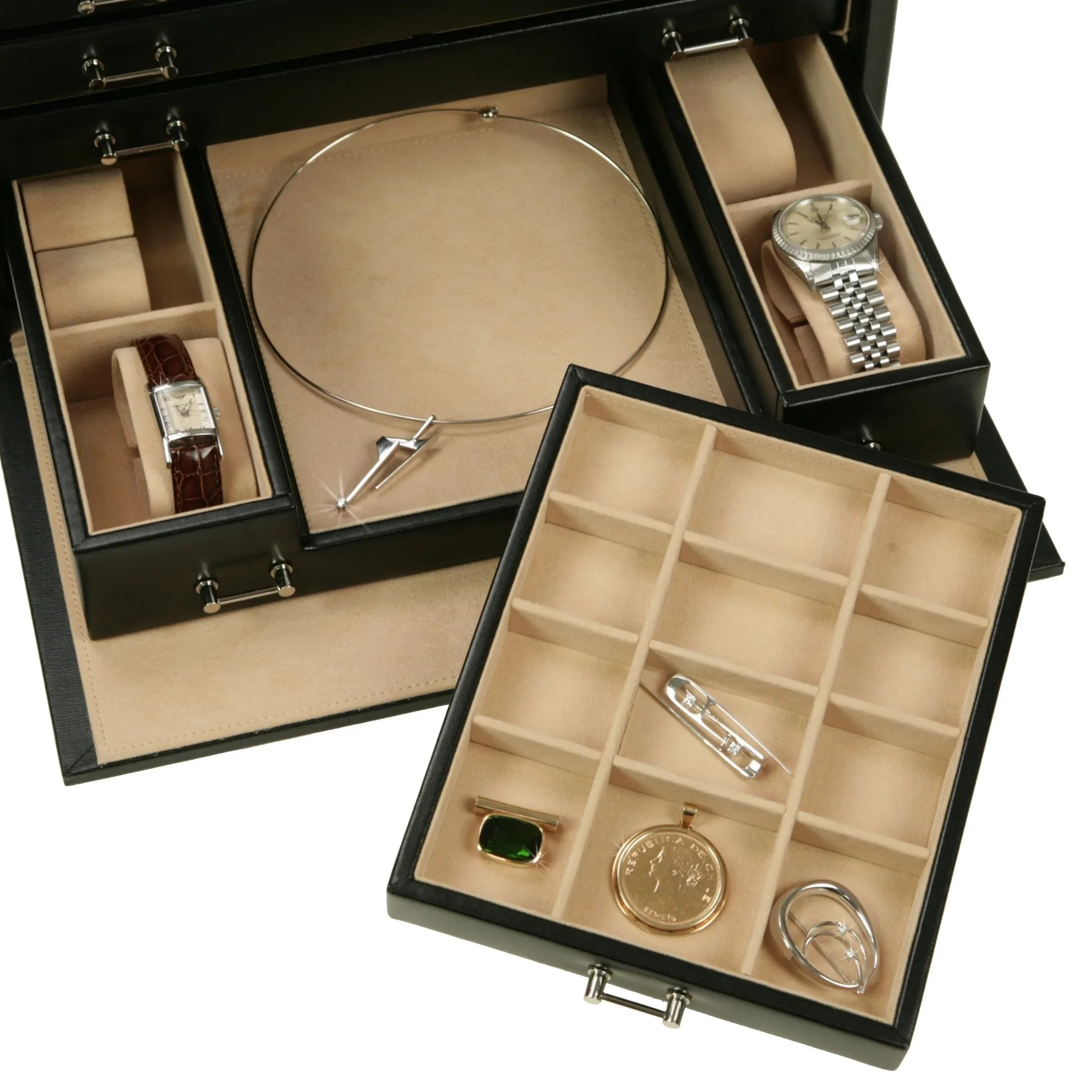 Windrose Ambiance Jewelry Case / Watch Case 5 Levels Made of Leather - Black