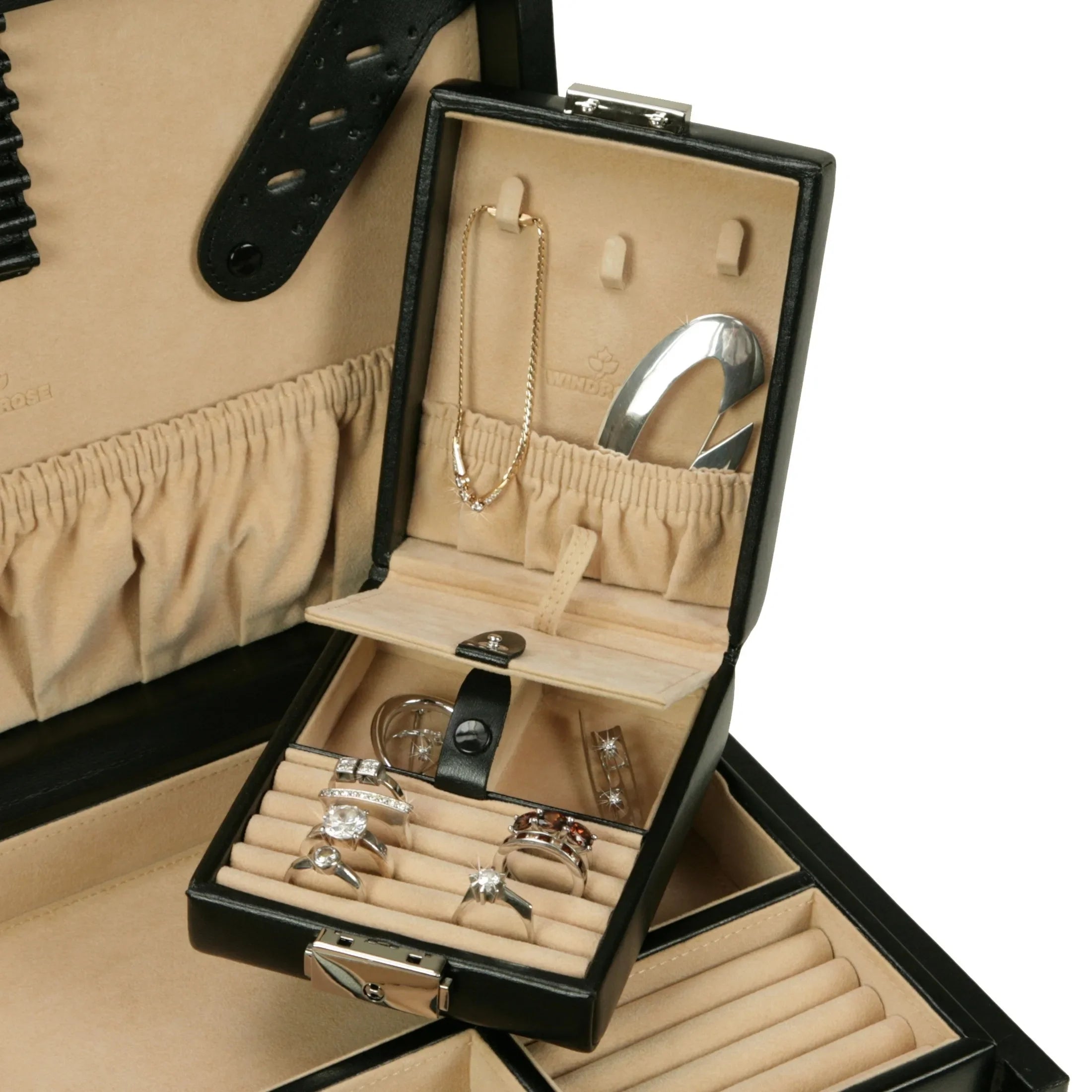 Windrose Ambiance Jewelry Case / Watch Case 5 Levels Made of Leather - Black