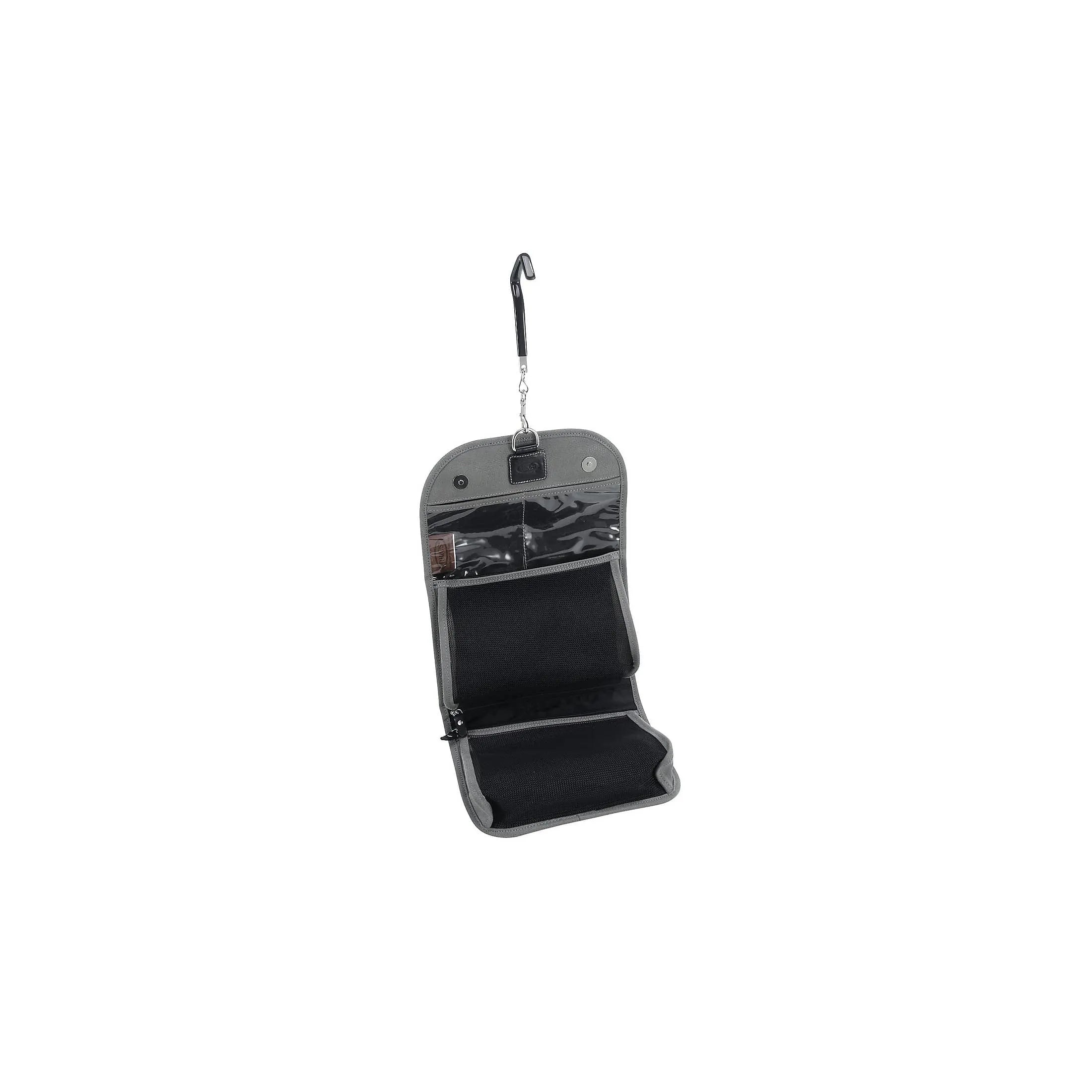 Brics Life Kosmetiktasche 26 cm, grau, geöffnet mit Haken zum Aufhängen und mehreren Fächern.