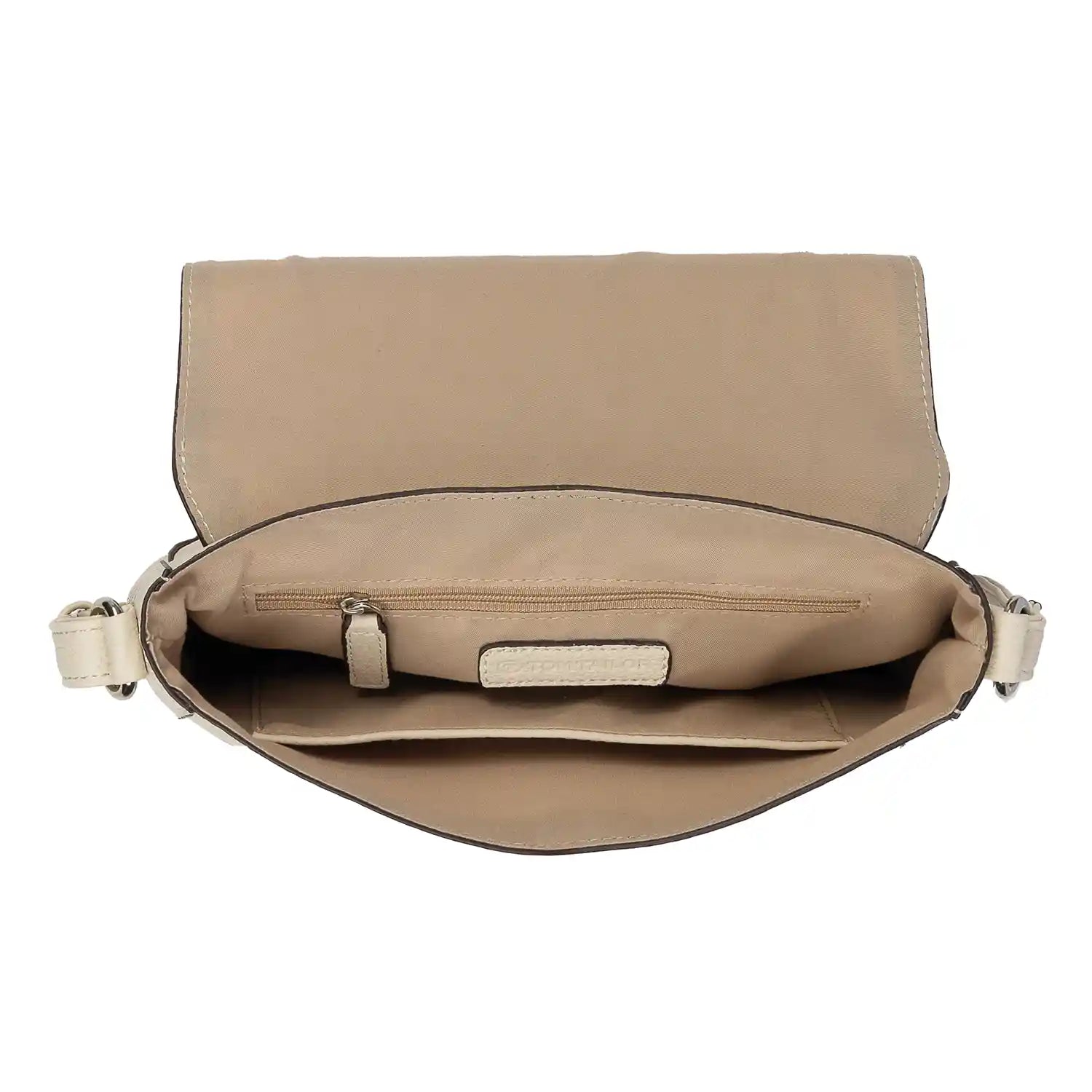 Innenansicht der Tom Tailor Dahlia Saddle Bag Off White mit praktischem Hauptfach und Steckfächern