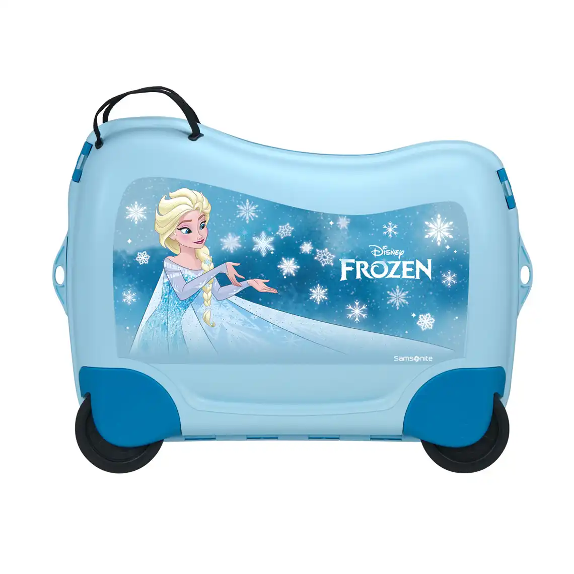 Seitenansicht des Samsonite Dream2Go Disney Ride-On Koffers in Hellblau mit Elsa Eiskönigin Design