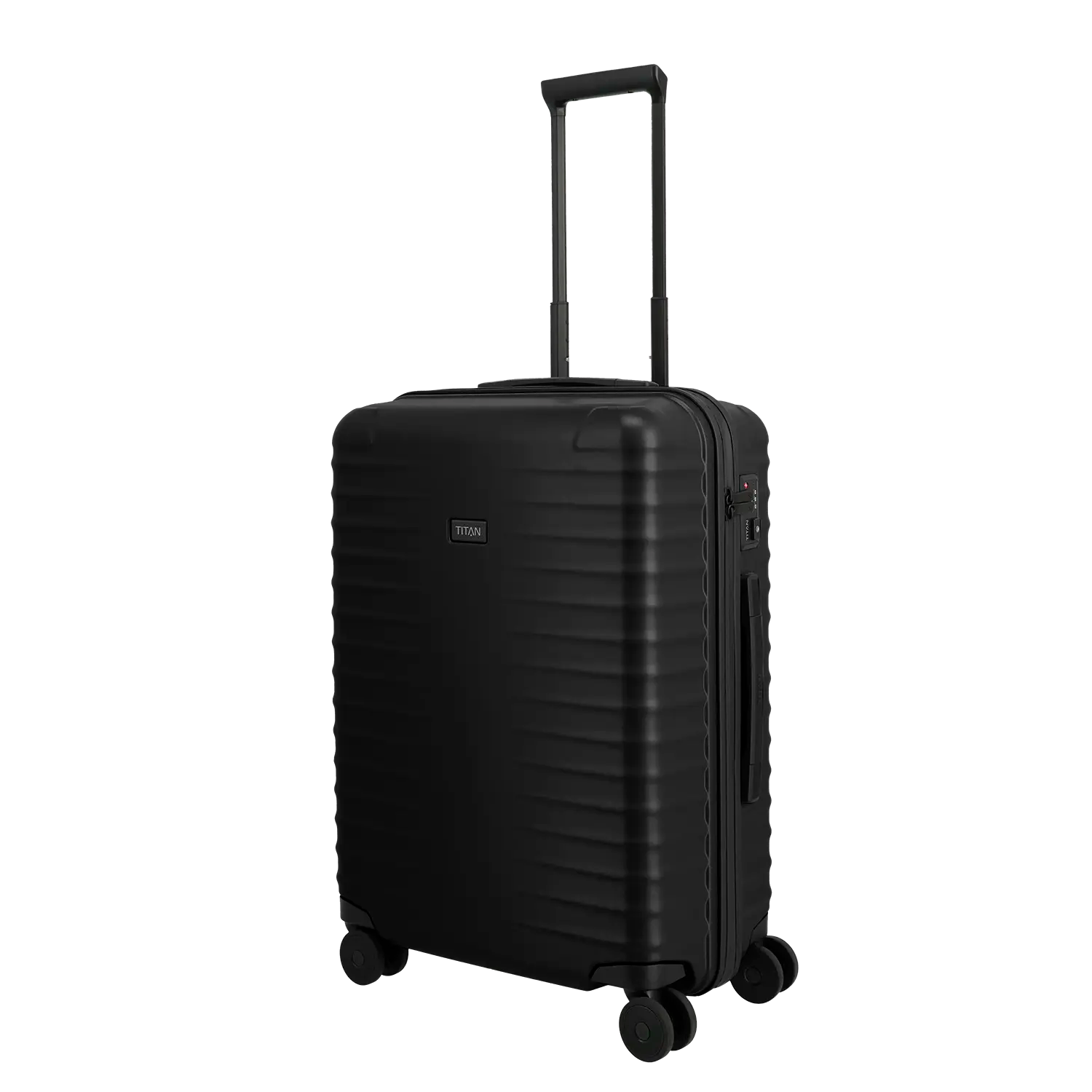 Titan Upgrade Trolley M - Seitenansicht mit vier Premium Spinner-Rollen Nightshade Black