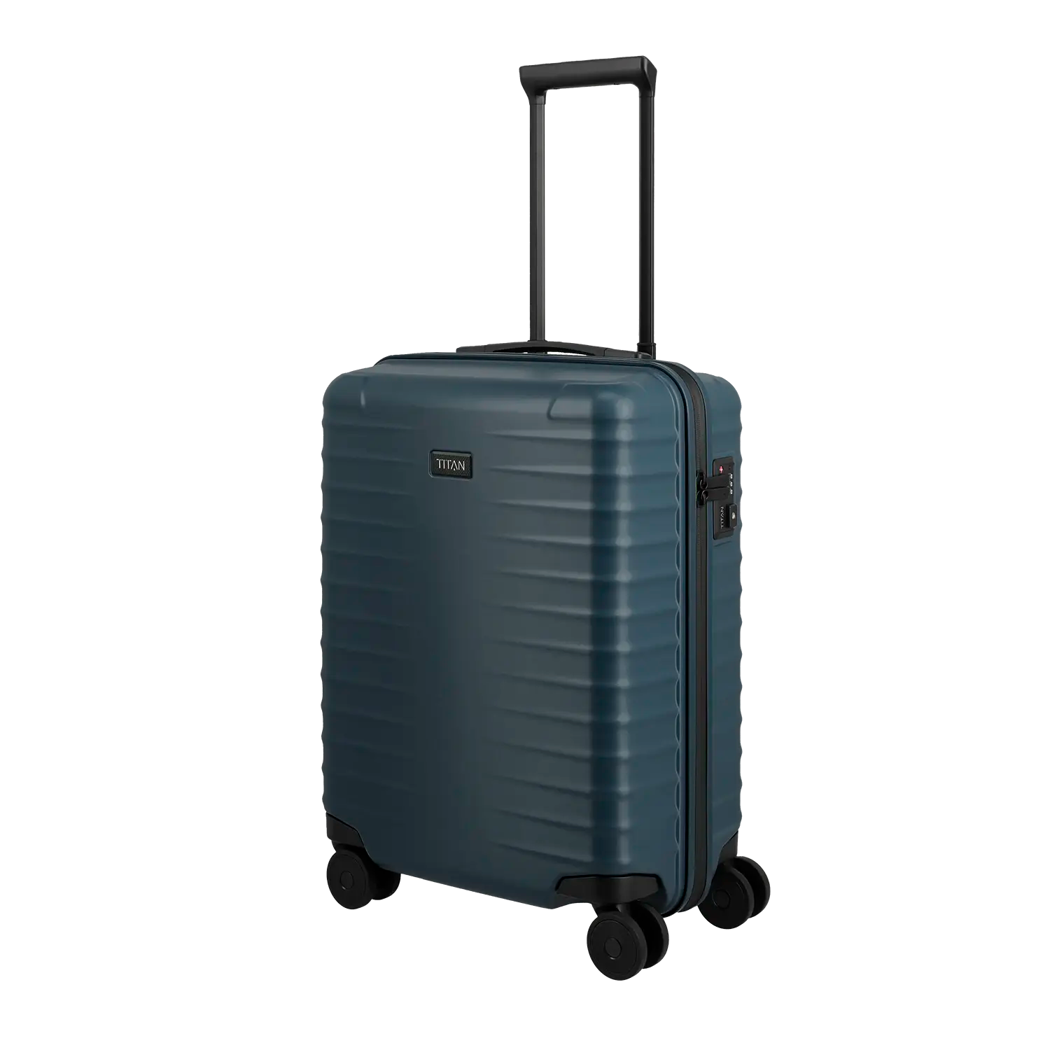 Titan Upgrade Trolley S20 Midnight Blue - Seitenansicht mit vier hochwertigen Spinner-Rollen
