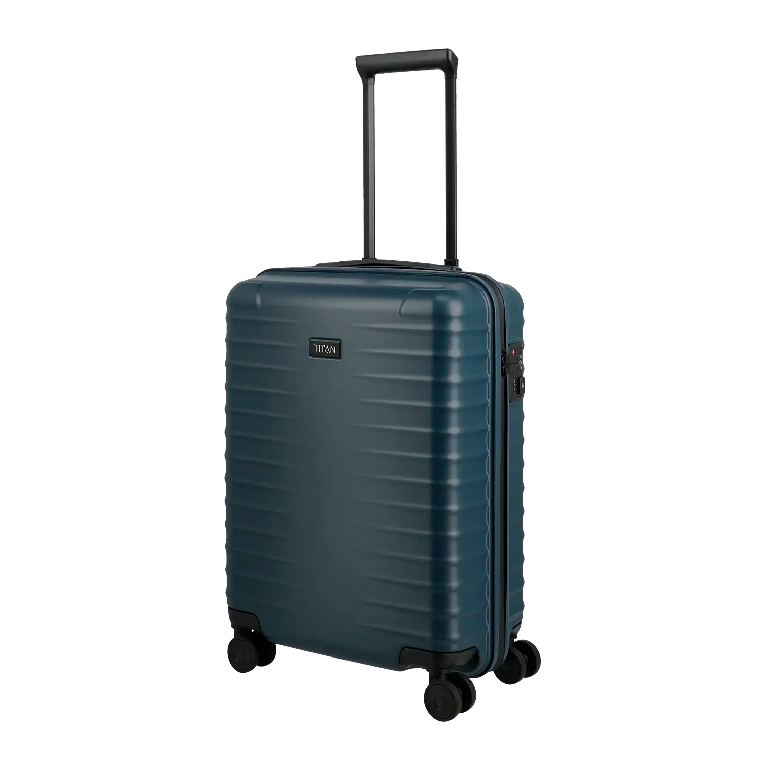 Titan Upgrade Trolley S20 Midnight Blue - Seitenansicht mit vier hochwertigen Spinner-Rollen