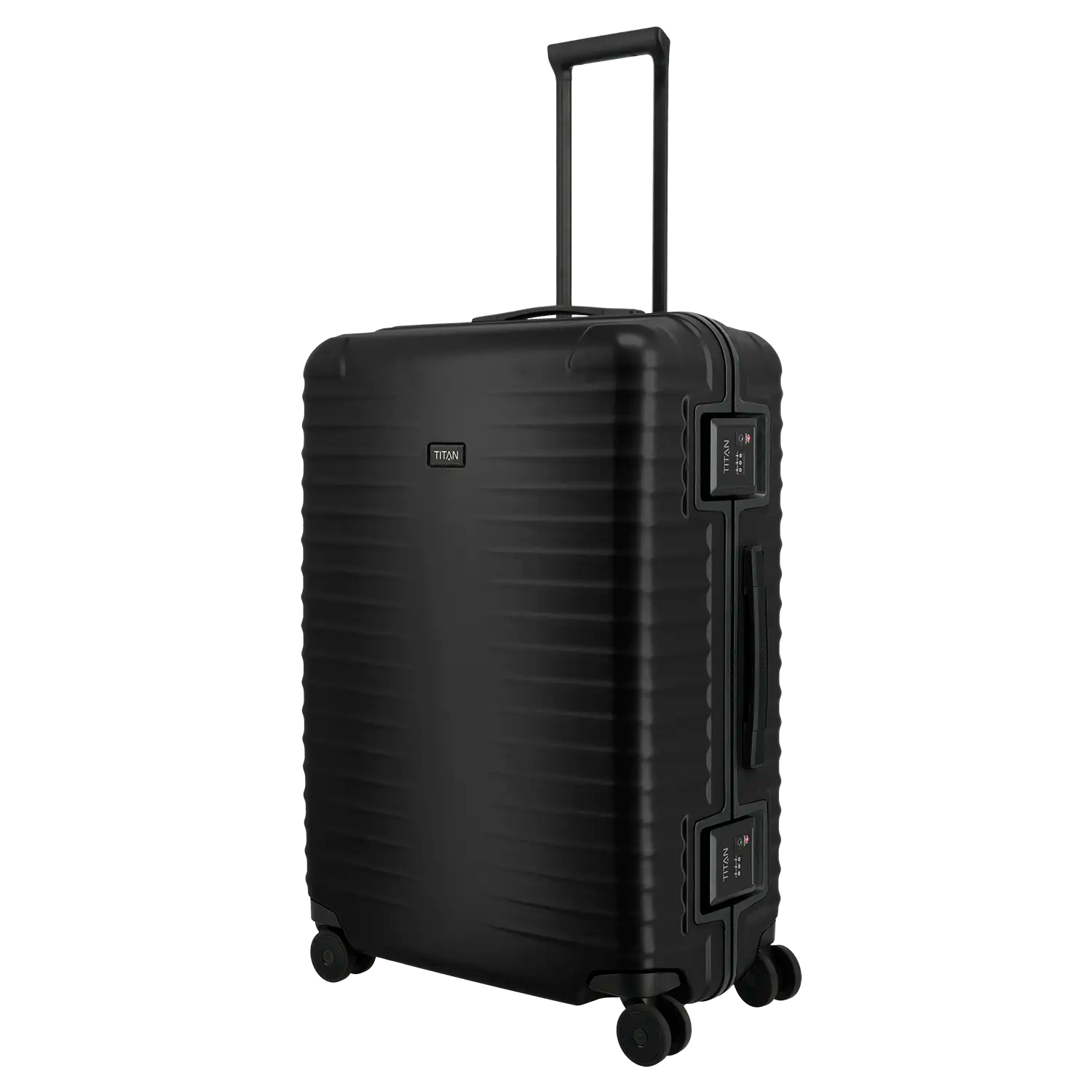 Titan Overseas großer 4-Rad Trolley 75 cm in Schwarz – Seitenansicht mit Rillen-Oberfläche