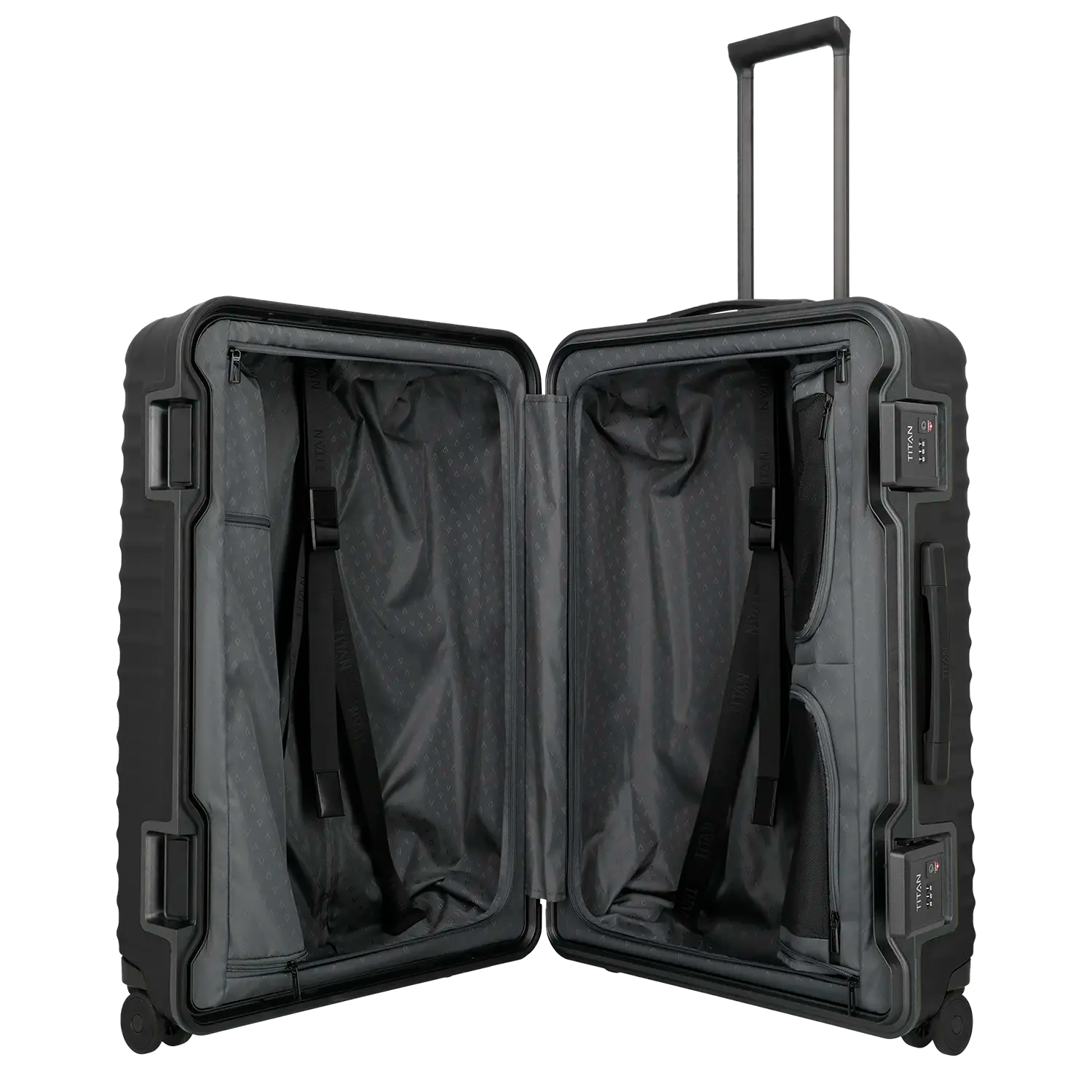 Innenraum des Titan Overseas 4-Rad Trolley L – geteilter Organizer mit Spanngurten