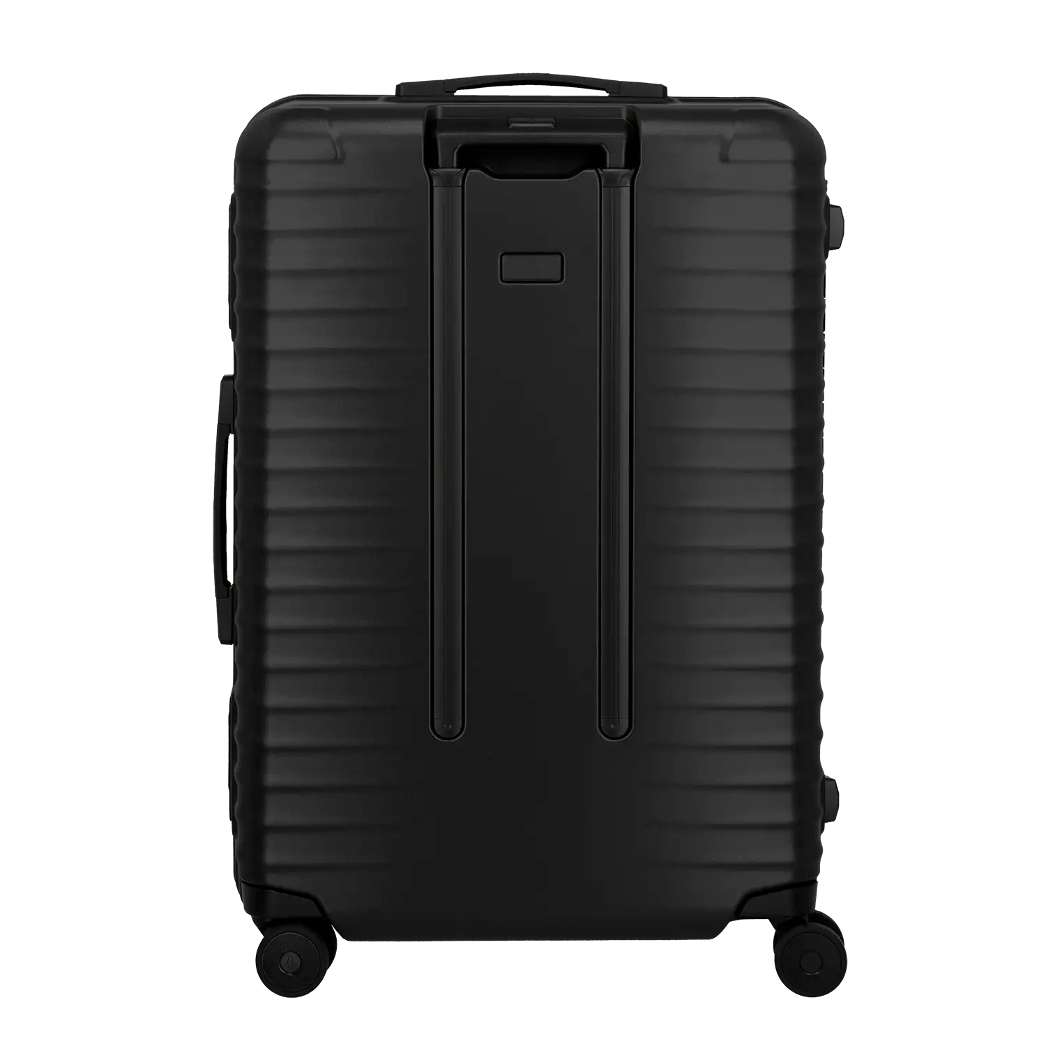 Titan Overseas Hartschalenkoffer 75 cm Nightshade Black – Rückansicht mit vier Spinnerrollen