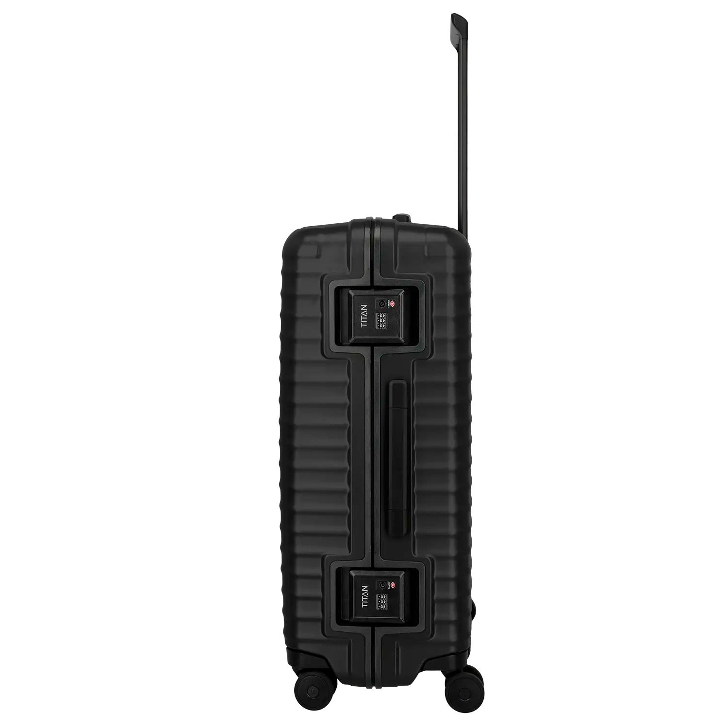 Titan Overseas großer 4-Rad Trolley 75 cm in Schwarz – Seitenansicht mit TSA-Zahlenschloss-Schnallen