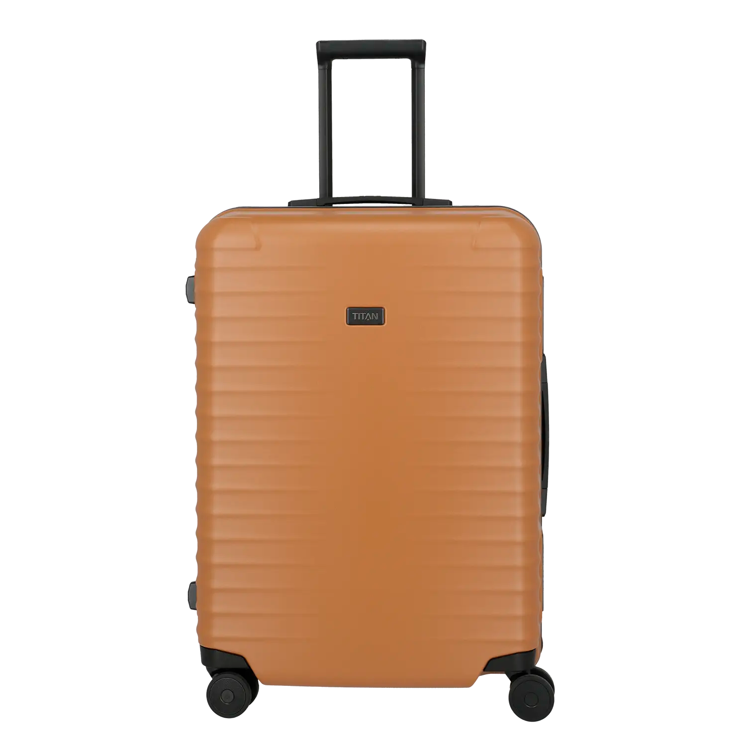 Titan Overseas 4-Rad Trolley M+ 69 cm in Canyon Bronze - Frontansicht mit TSA-Schlössern und Teleskopgriff